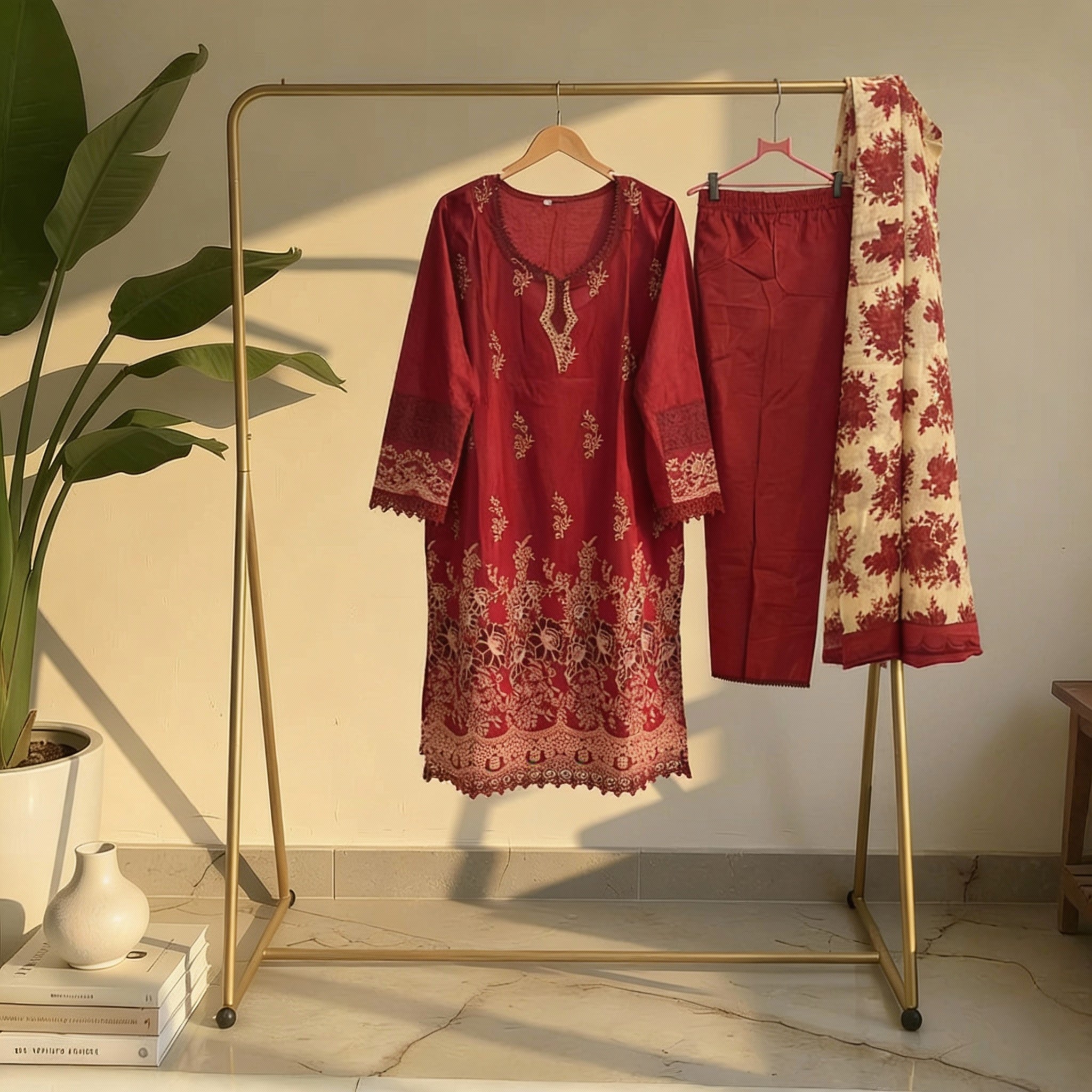 Maroon Embroidered Cotton Suit Set MO7.5