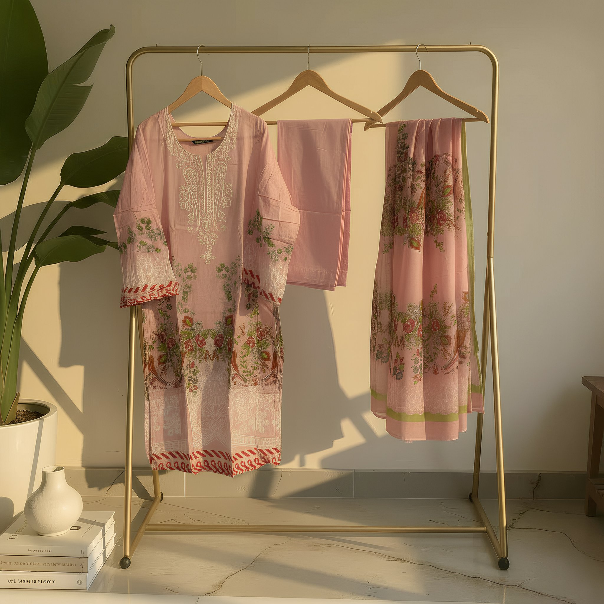 Blush Pink Floral Printed Cotton Blend Suit Set with Elegant Dupatta mo8.9