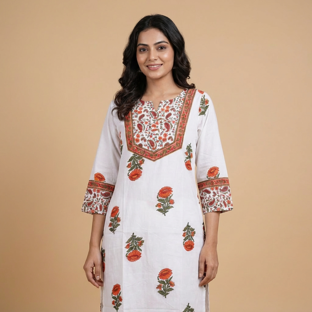 White Floral Printed Straight Kurta HO 2 M1