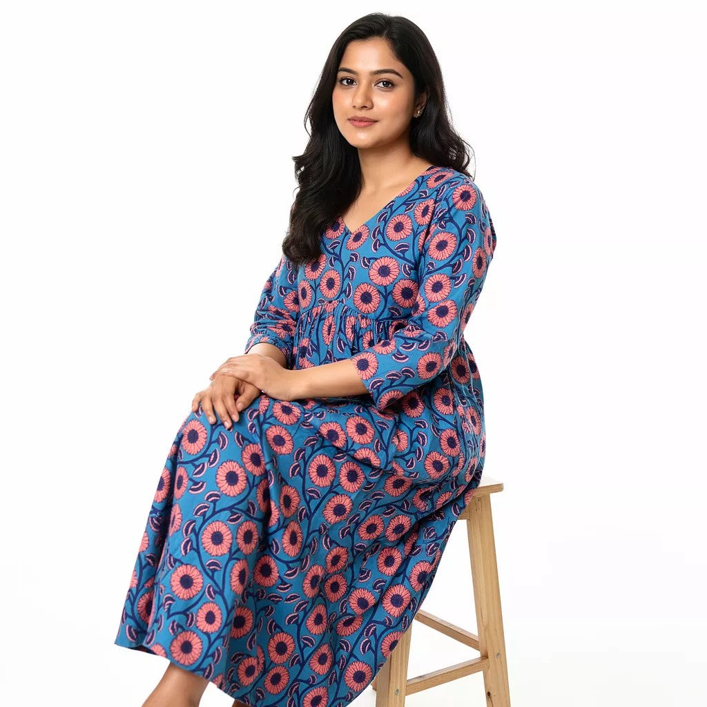 Blue Floral Printed Gathered Waist Kurta HO2 XL16