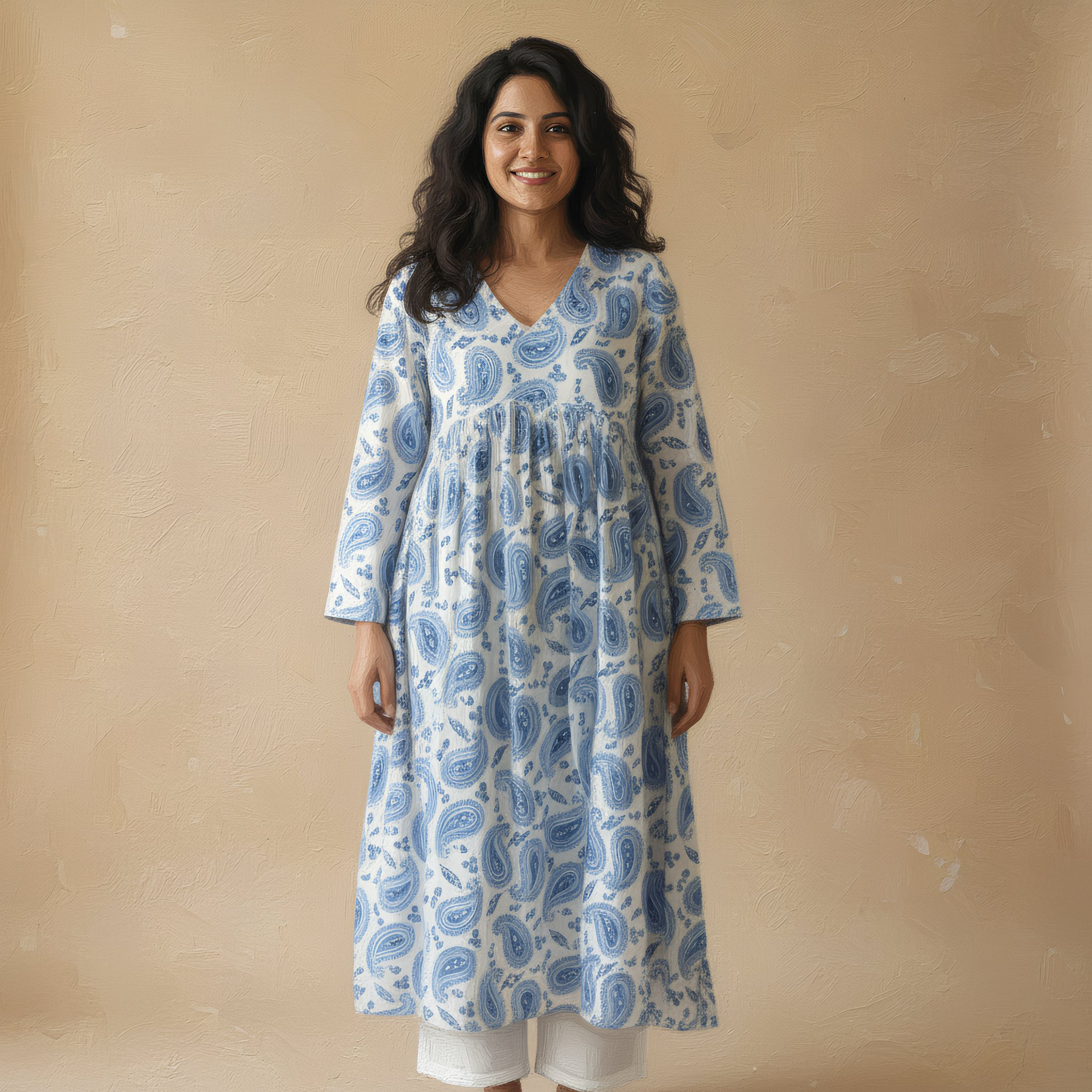 Blue & White Paisley Printed Gathered Kurta HO 2 M8