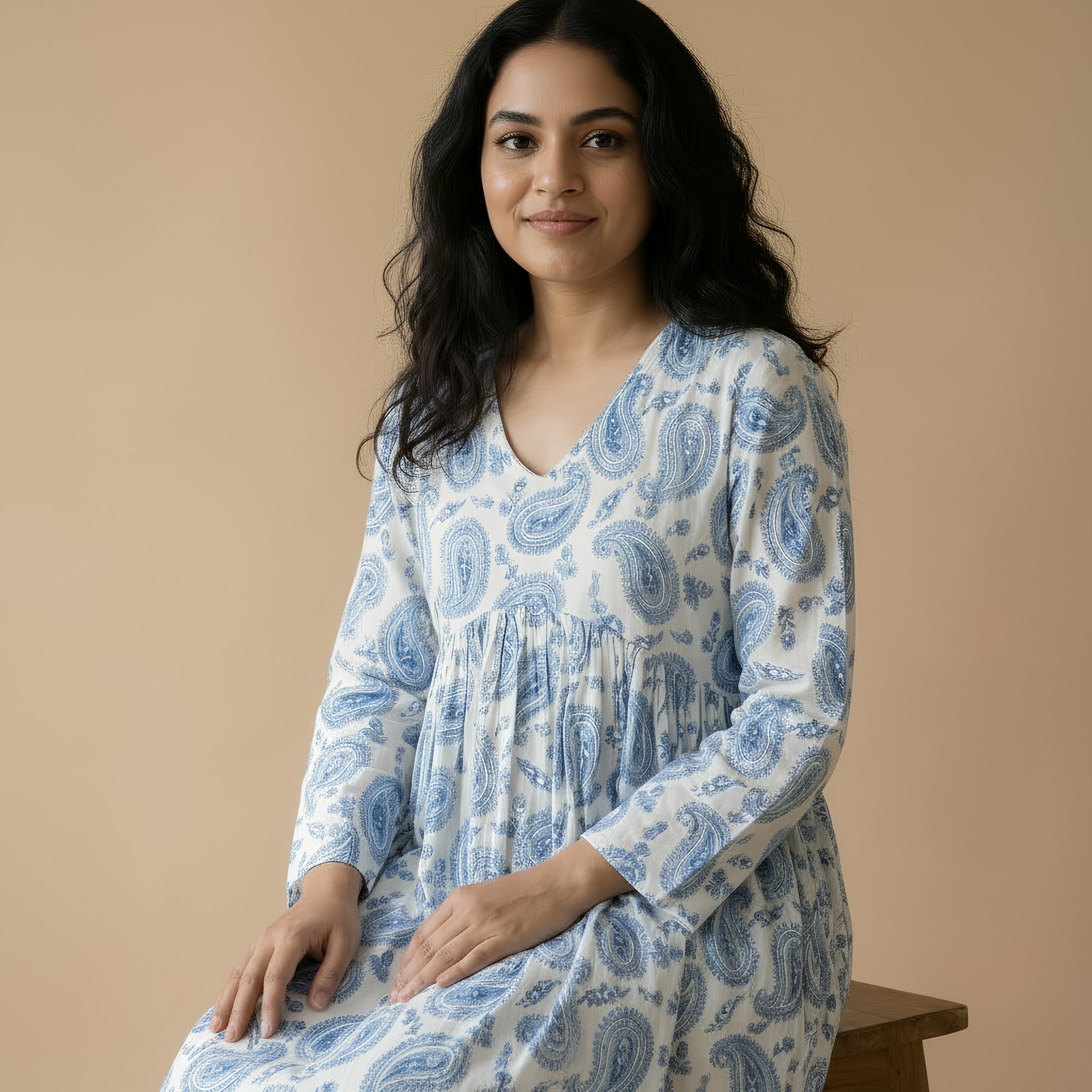 Blue & White Paisley Printed Gathered Kurta HO 2 M8