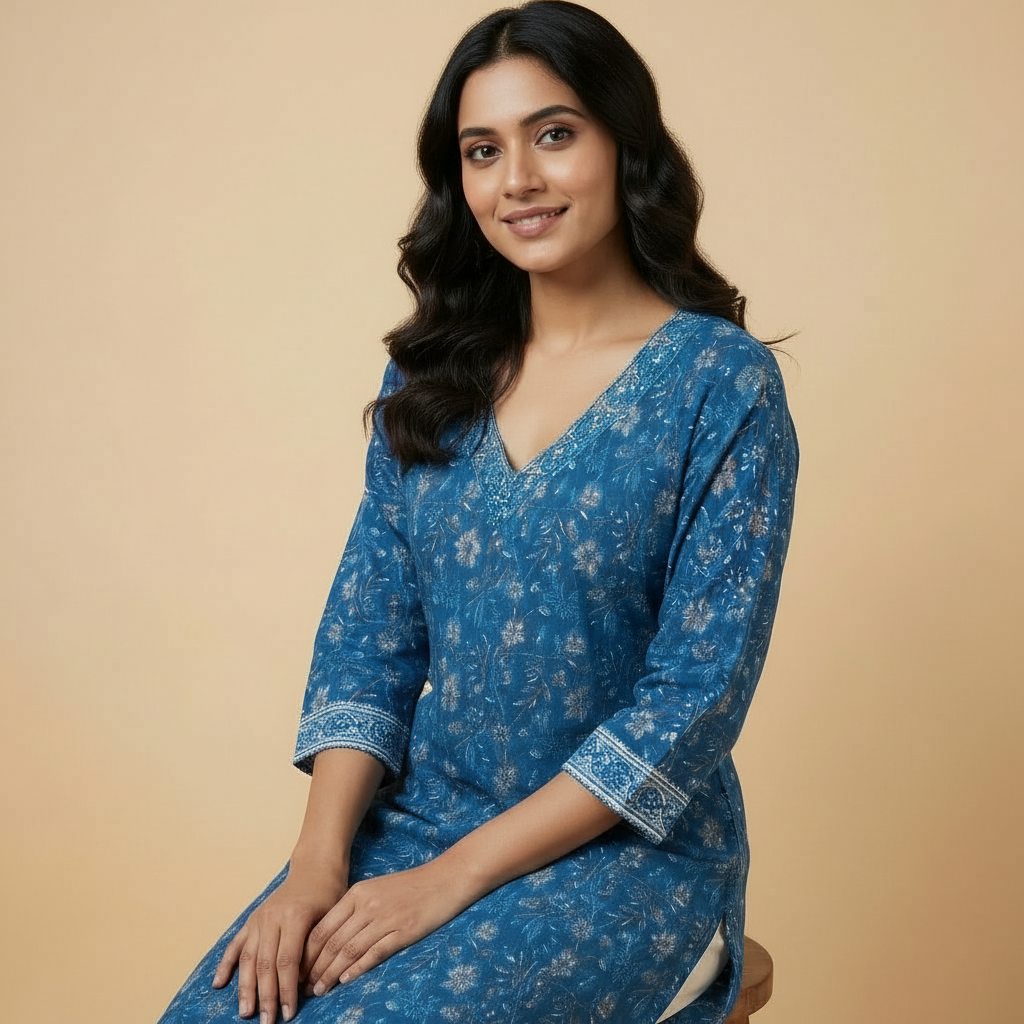 Indigo Blue Floral Printed V-Neck Kurta HO 2 M4