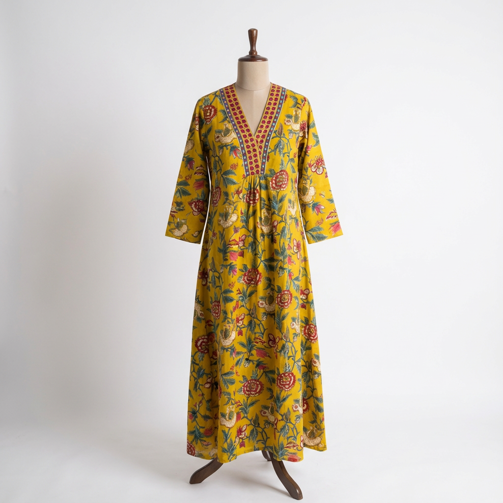 Mustard Yellow Floral Printed V-Neck Anarkali Kurta HO 2 M3