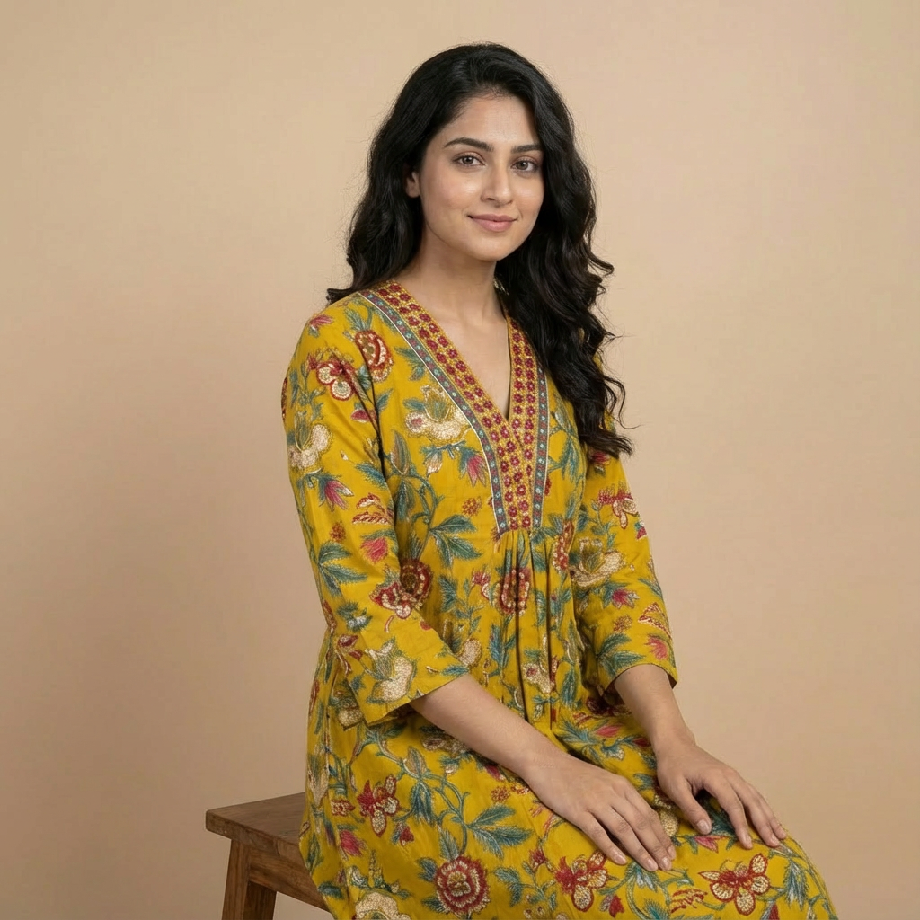 Mustard Yellow Floral Printed V-Neck Anarkali Kurta HO 2 M3