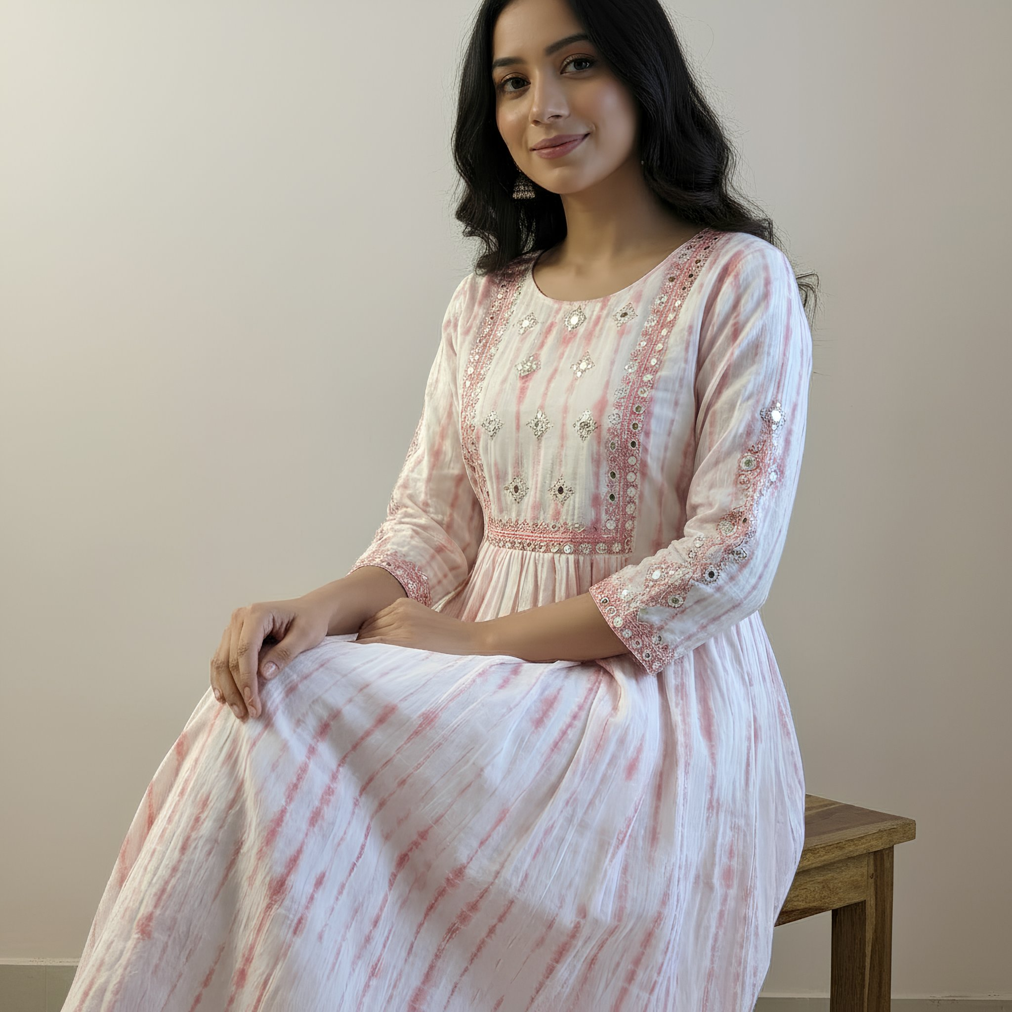 Soft Pink & White Tie-Dye Printed A-Line Kurta HO 2 S 7