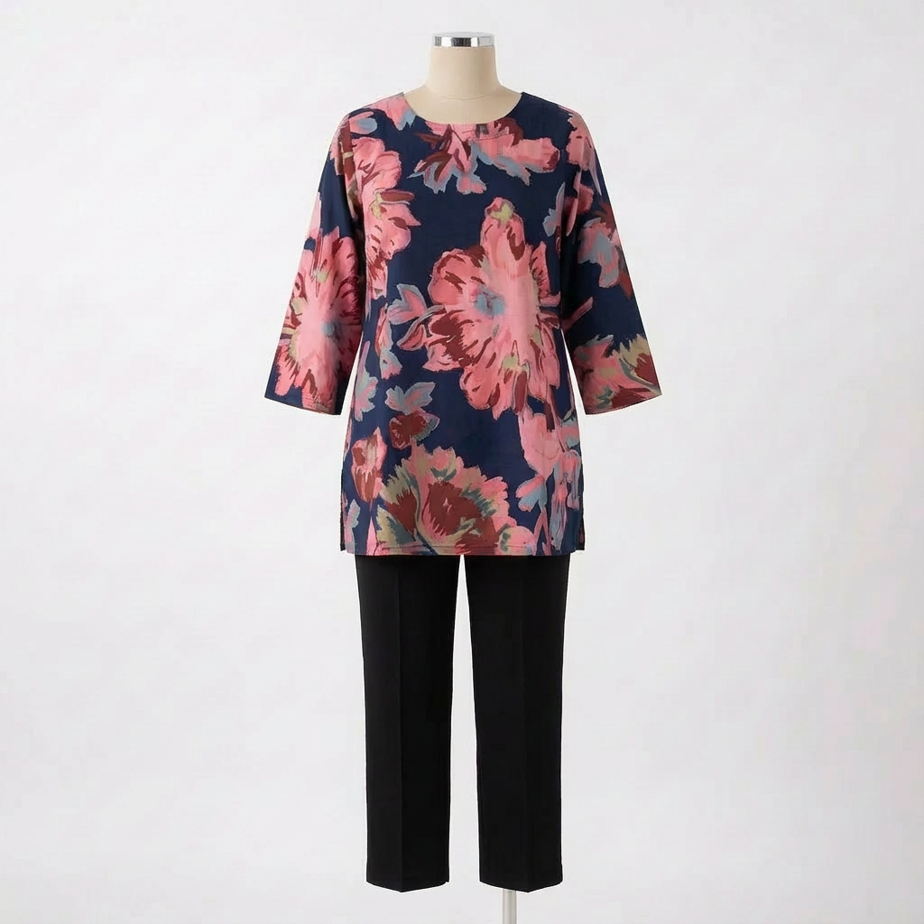 Navy Blue Floral Printed Straight Fit Top HO 2 M6