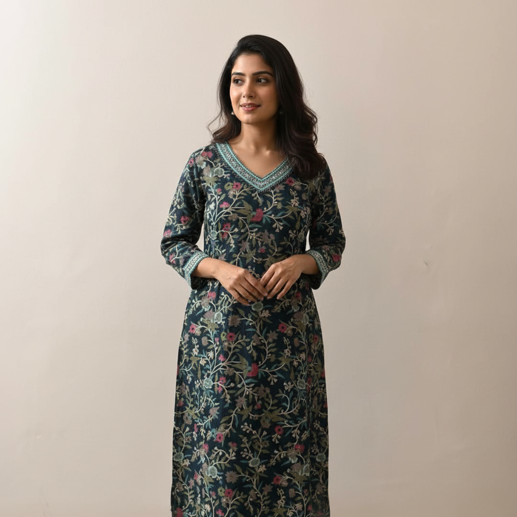 Dark Green Floral Printed Embroidered Neck Kurta HO2 XL15