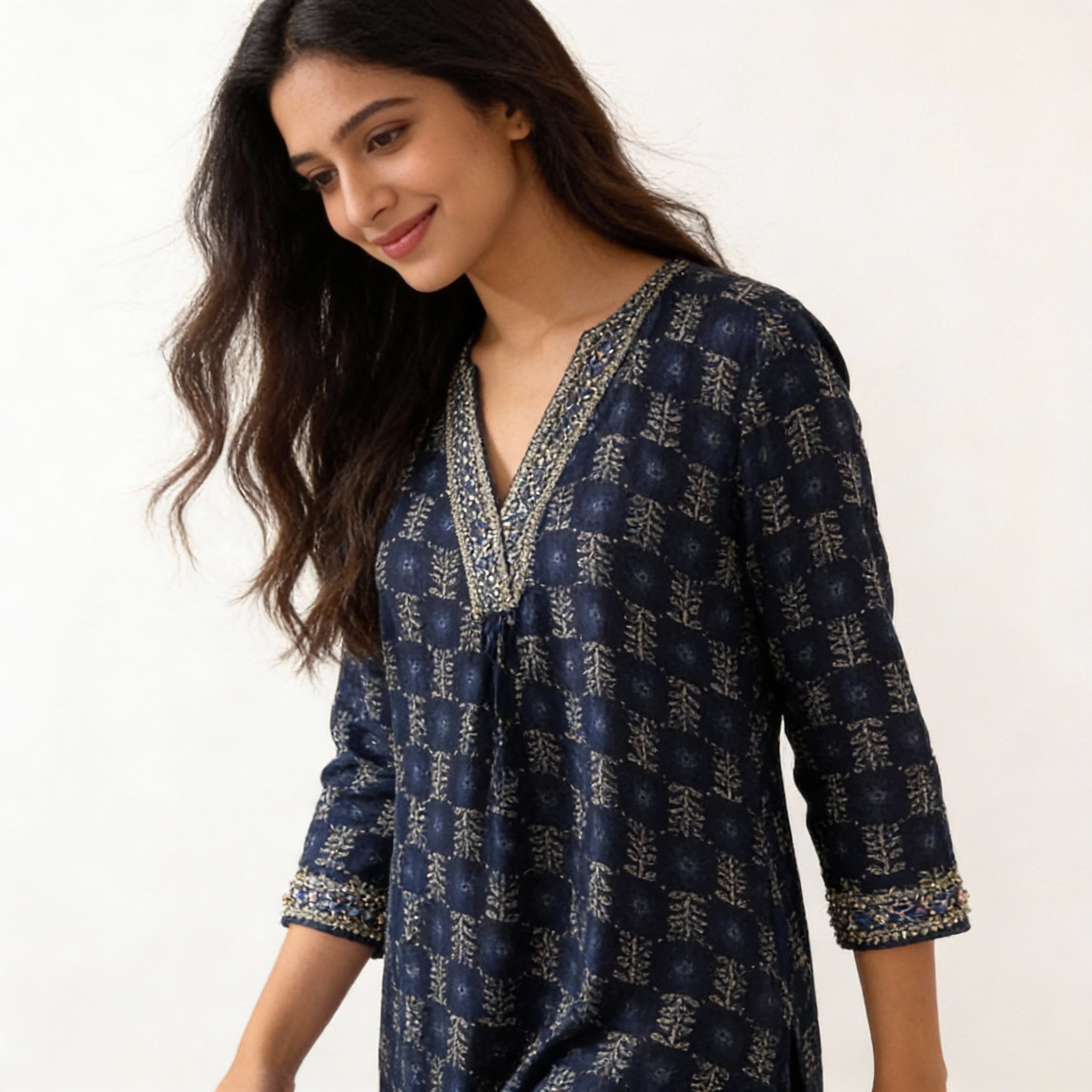 Navy Blue Ethnic Printed Straight Kurta HO2 XL10