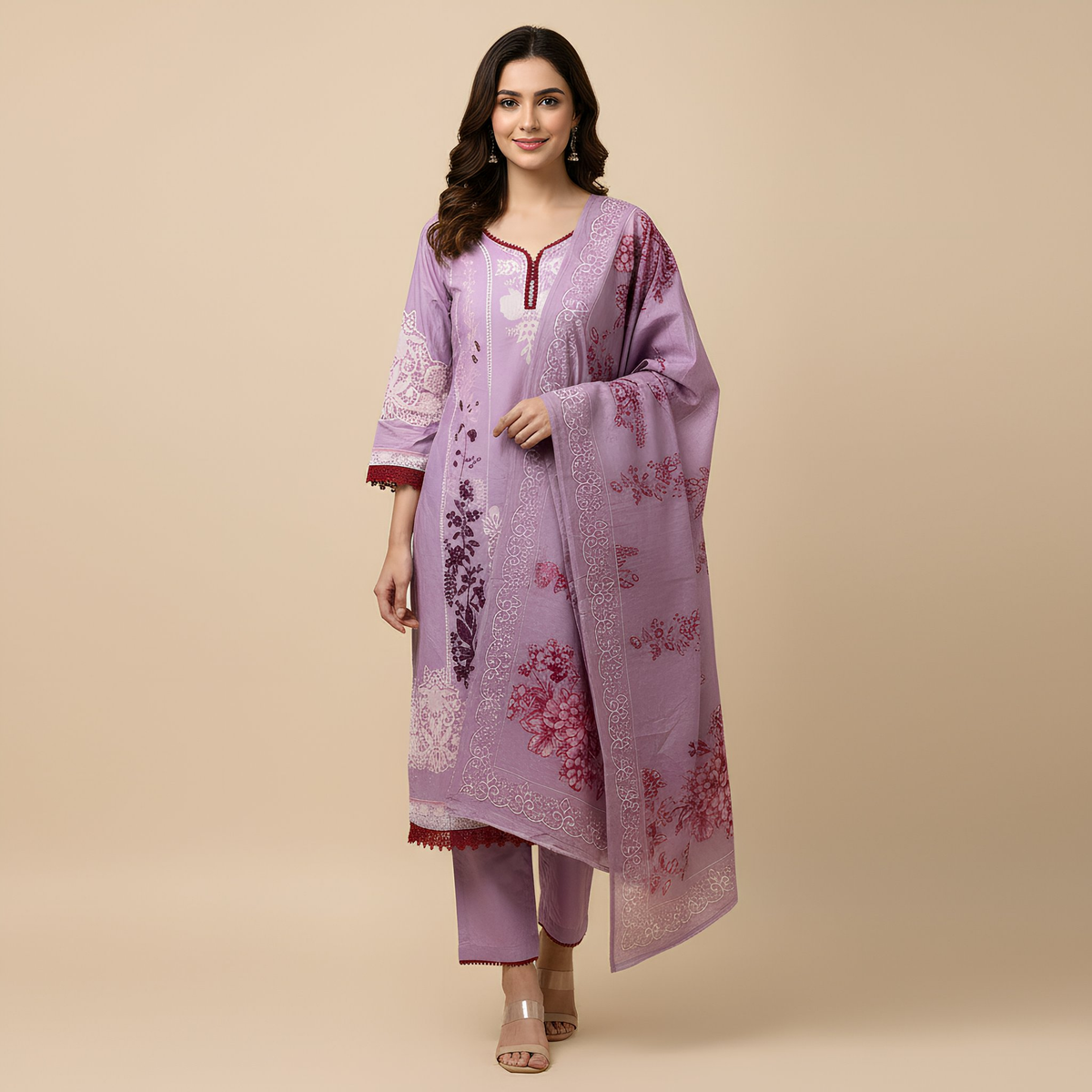 Lavender Printed Cotton Suit Set with Solid Bottom & Floral DupattaMO13.5