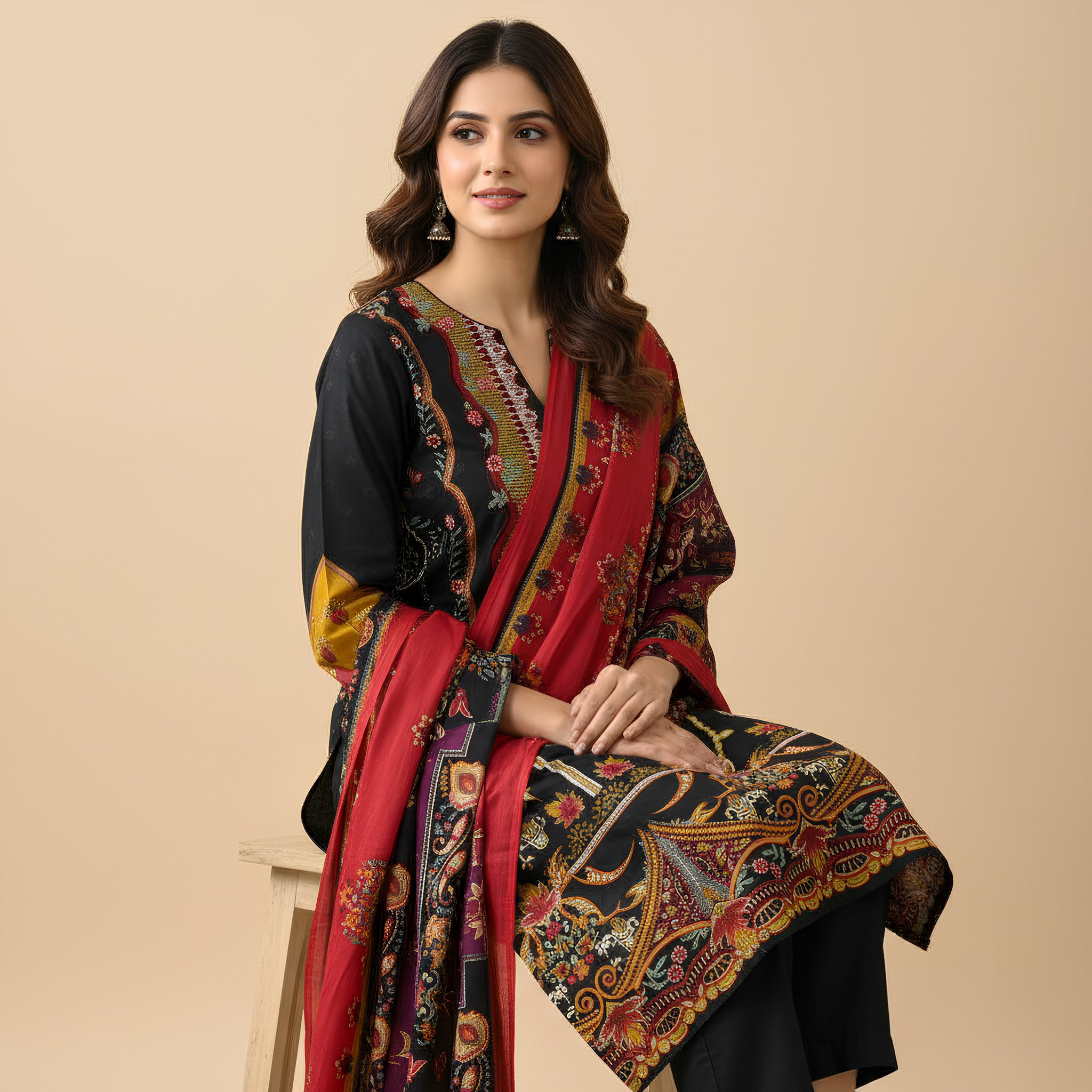 Black & Red Ethnic Printed Cotton Blend Suit Set with Designer Dupatta mo6.3