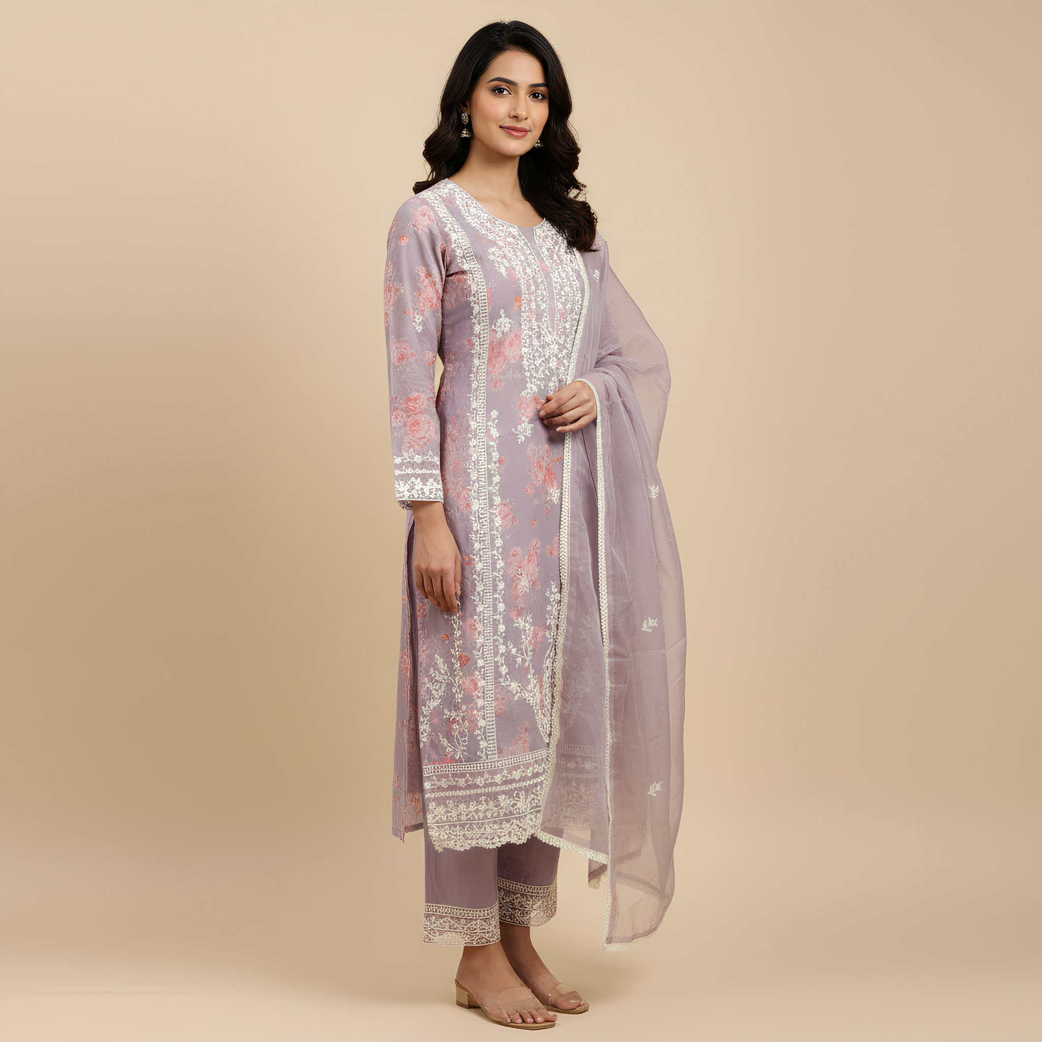 Dusty Mauve Floral Printed Cotton Suit Set MO14.3