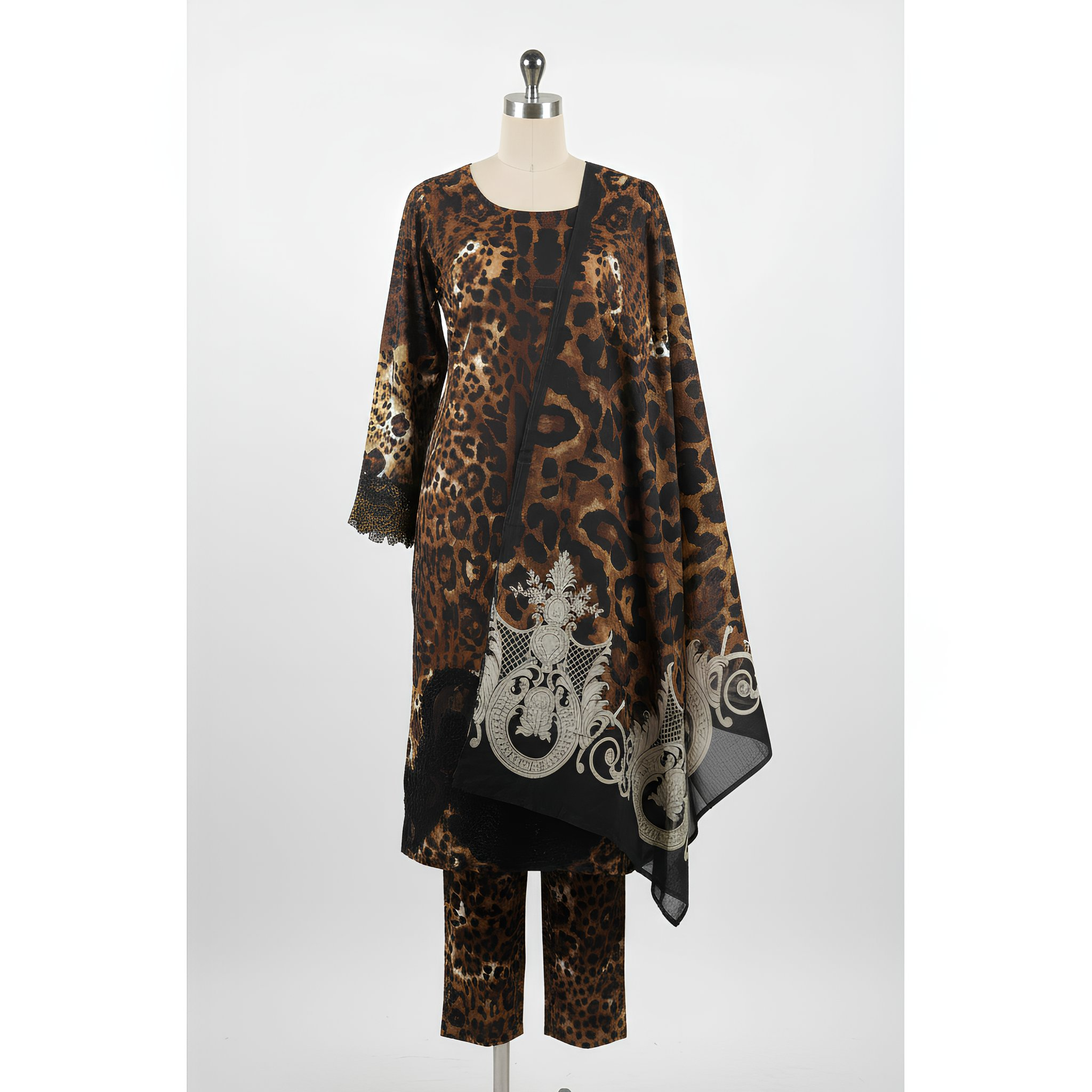 Brown & Black Leopard Print Cotton Blend Suit Set with Ornamental Dupatta mo2.3