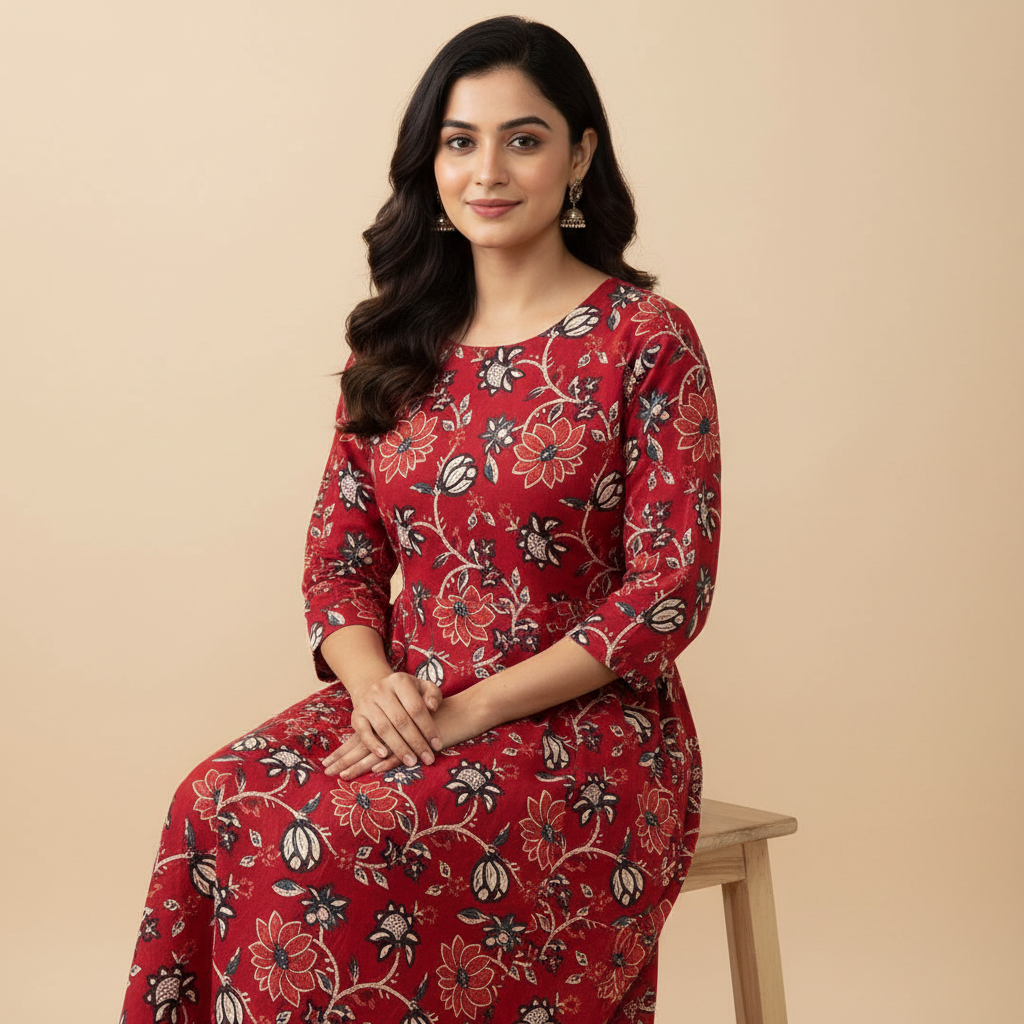 Deep Red Floral Printed Anarkali Style Kurta HO2 2XL-1