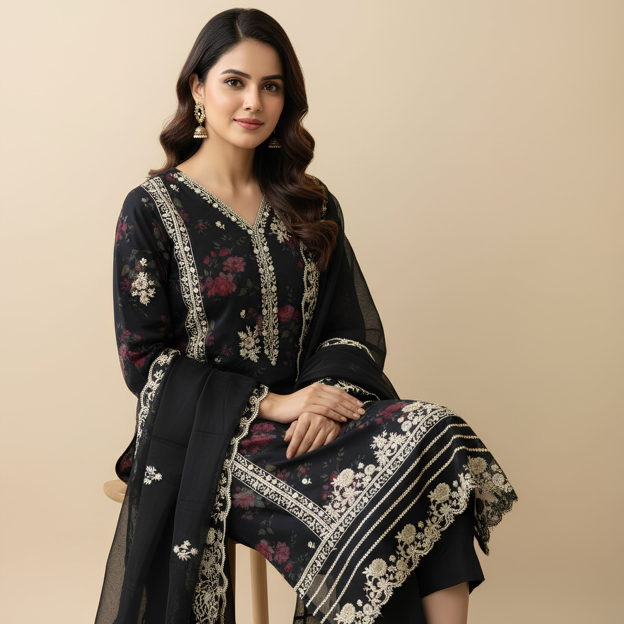 Black Floral Embroidered Cotton Blend Suit Set with Elegant Dupatta mo15.1