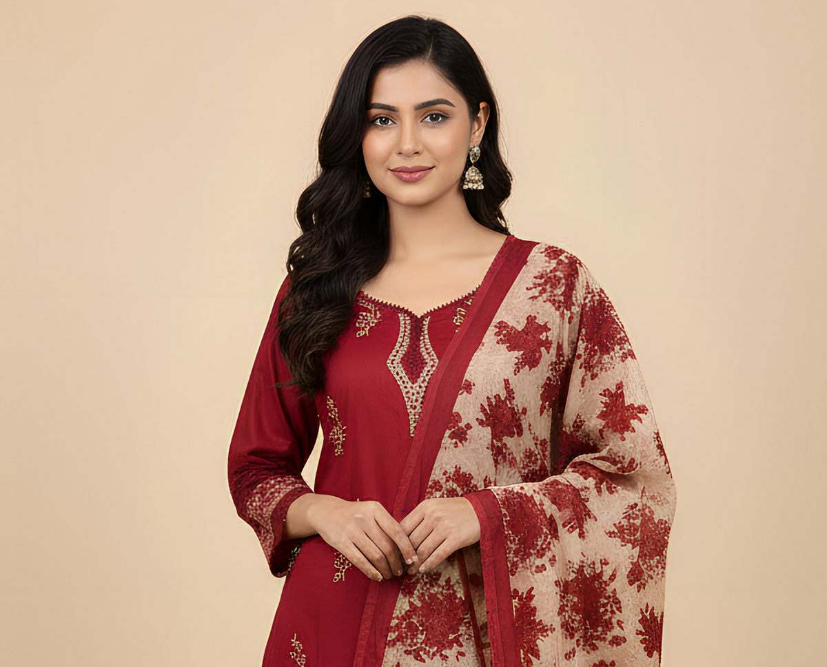 Maroon Embroidered Cotton Suit Set MO7.5