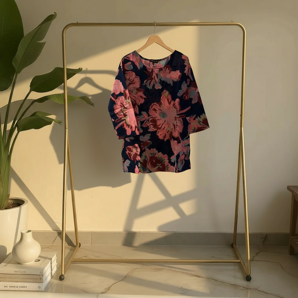 Navy Blue Floral Printed Straight Fit Top HO 2 M6