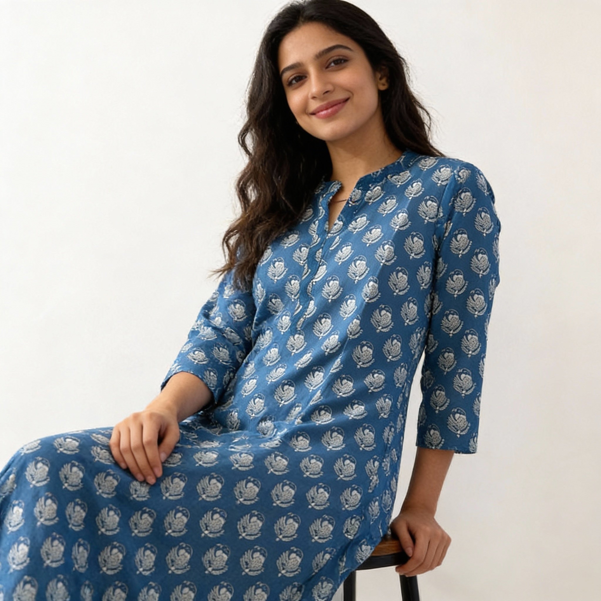 Indigo Blue Floral Printed A-Line Kurta HO 2 M9