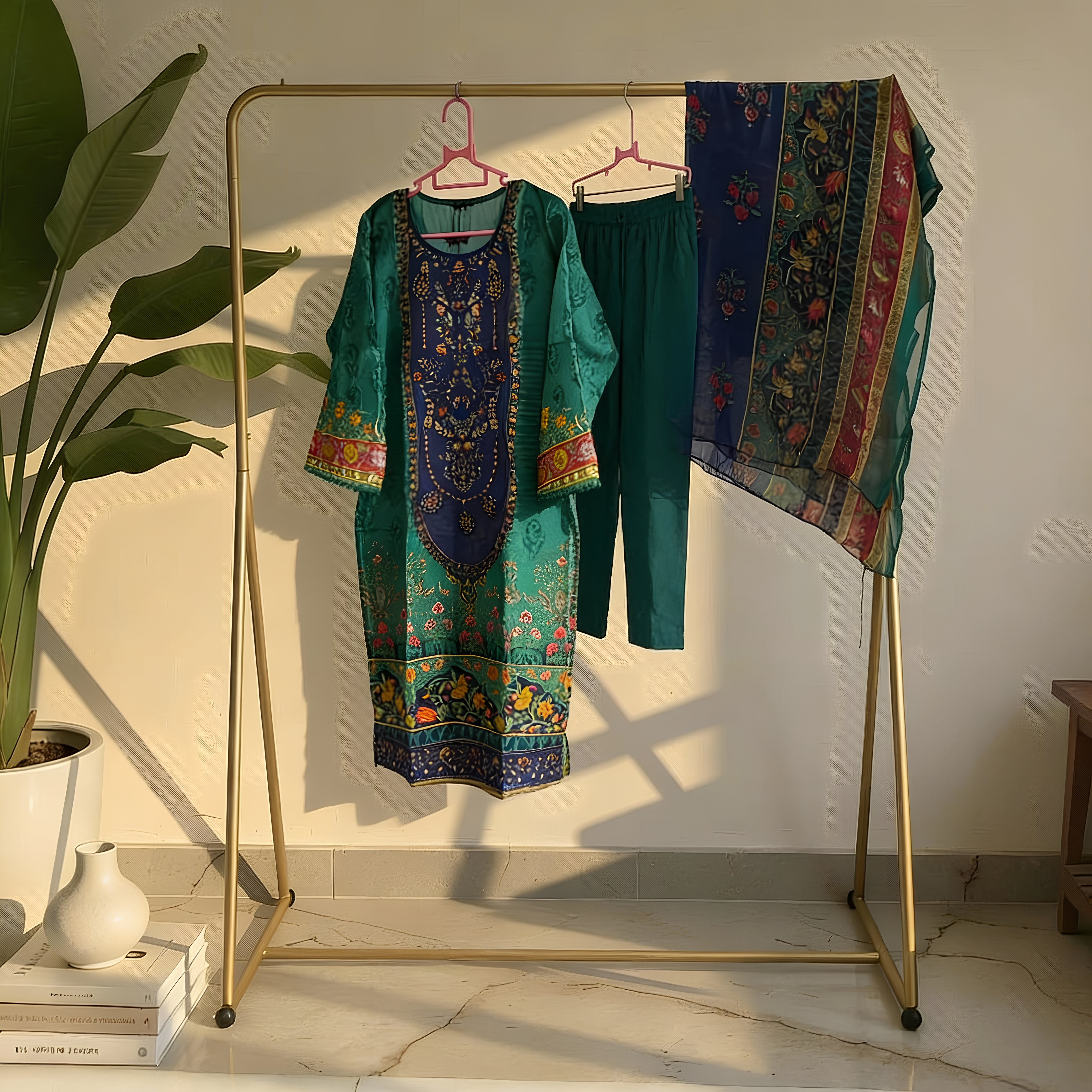 Emerald Green & Navy Blue Ethnic Printed Cotton Blend Suit Set with Designer Dupatta mo8.1