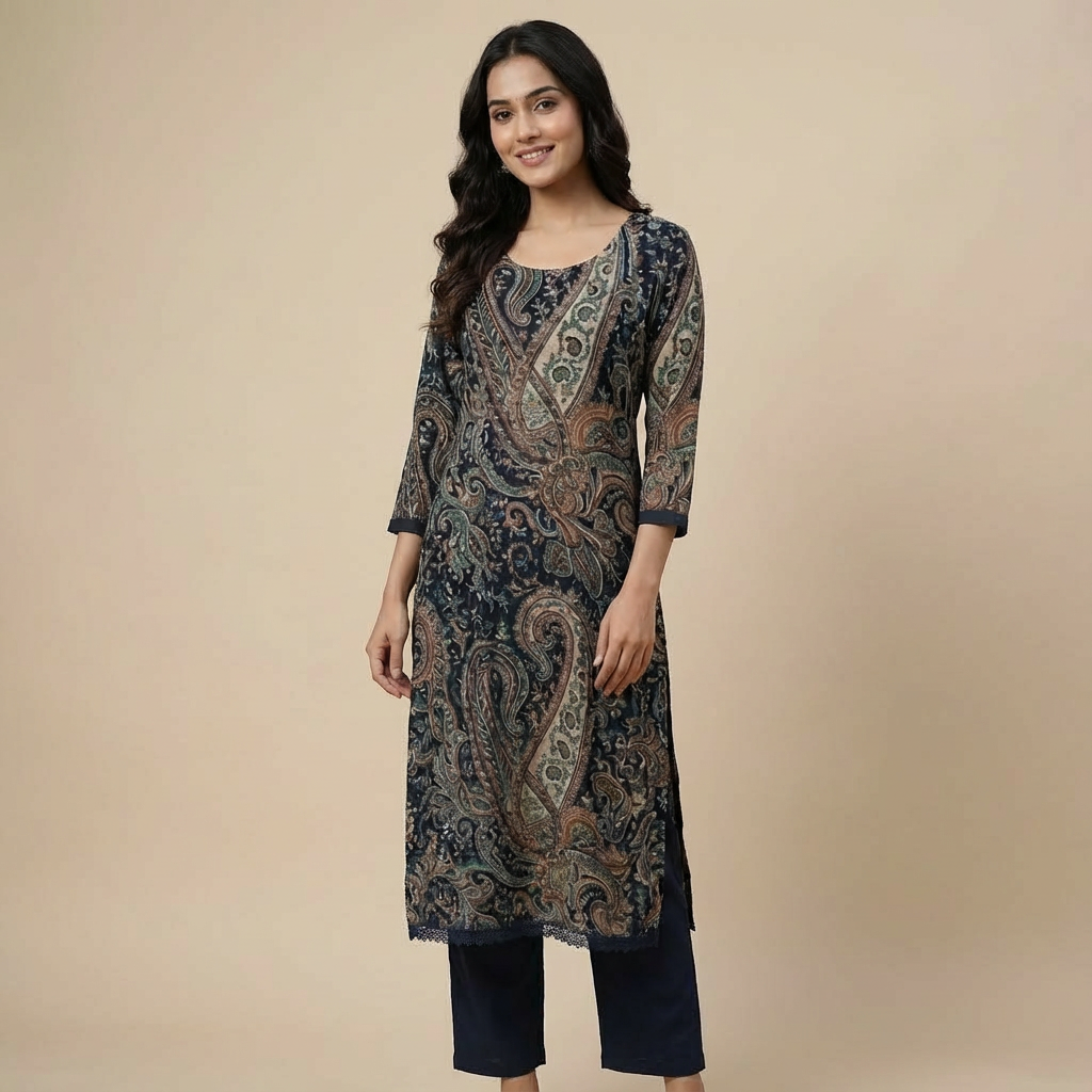 Black & Brown Paisley Print Cotton Kurta HO2 L8