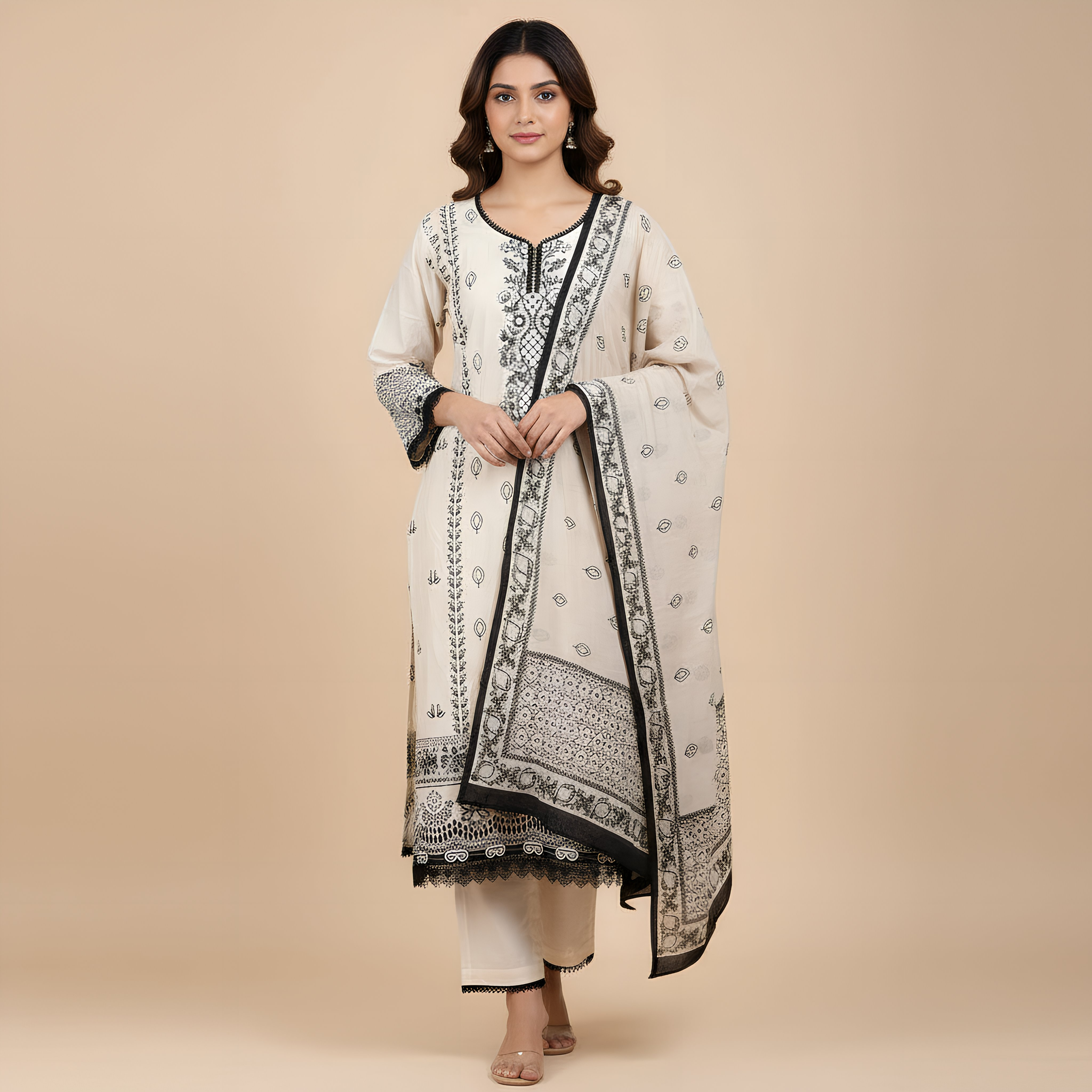 Cream & Black Printed Cotton Suit Set with Dupatta MO7.2