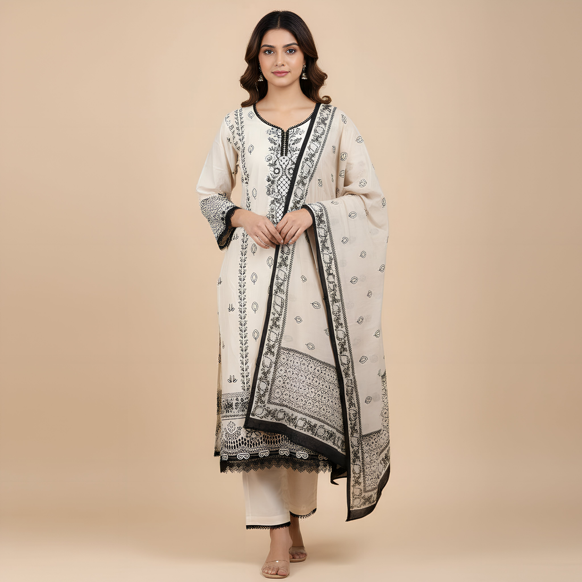 Cream & Black Printed Cotton Suit Set with Dupatta MO7.2