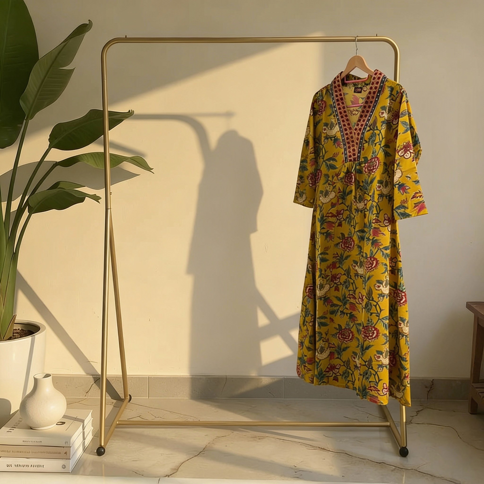 Mustard Yellow Floral Printed V-Neck Anarkali Kurta HO 2 M3