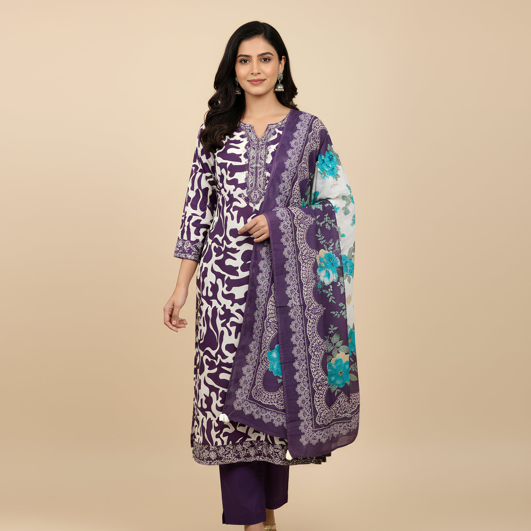 Deep Purple Abstract Printed Cotton Suit Set with Floral Dupatta  MO12.2