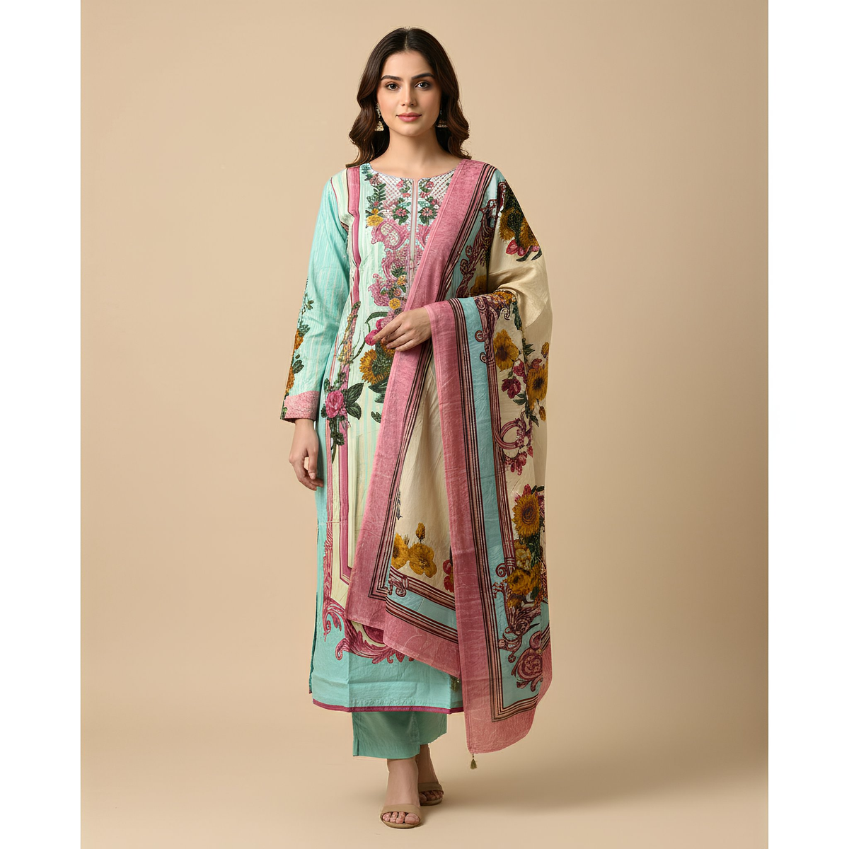 Mint Green & Blush Floral Printed Suit Set with Coordinated Dupatta MO5.1