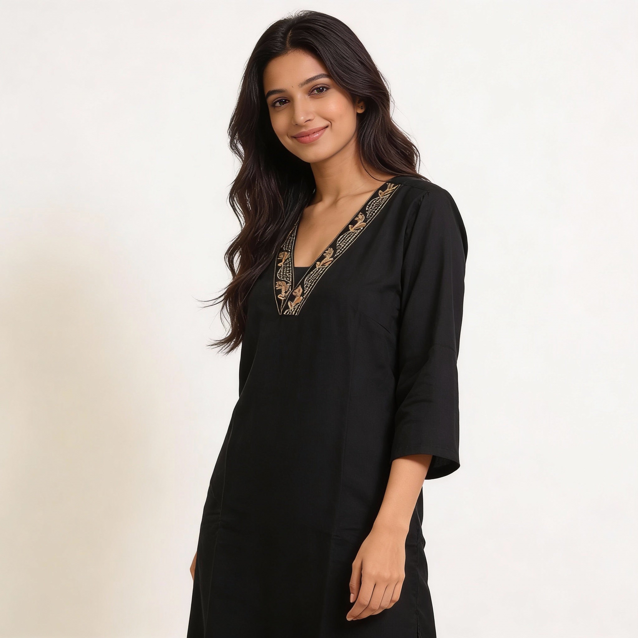 Classic Black Embroidered Straight Cotton Kurta HO2 XL3