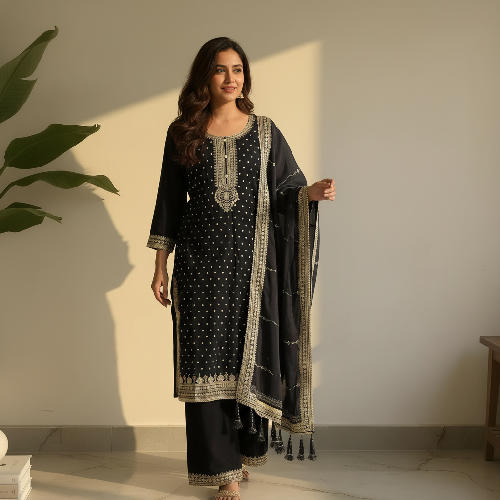 Classic Black Embroidered Kurta Set with Dupatta Ho 8