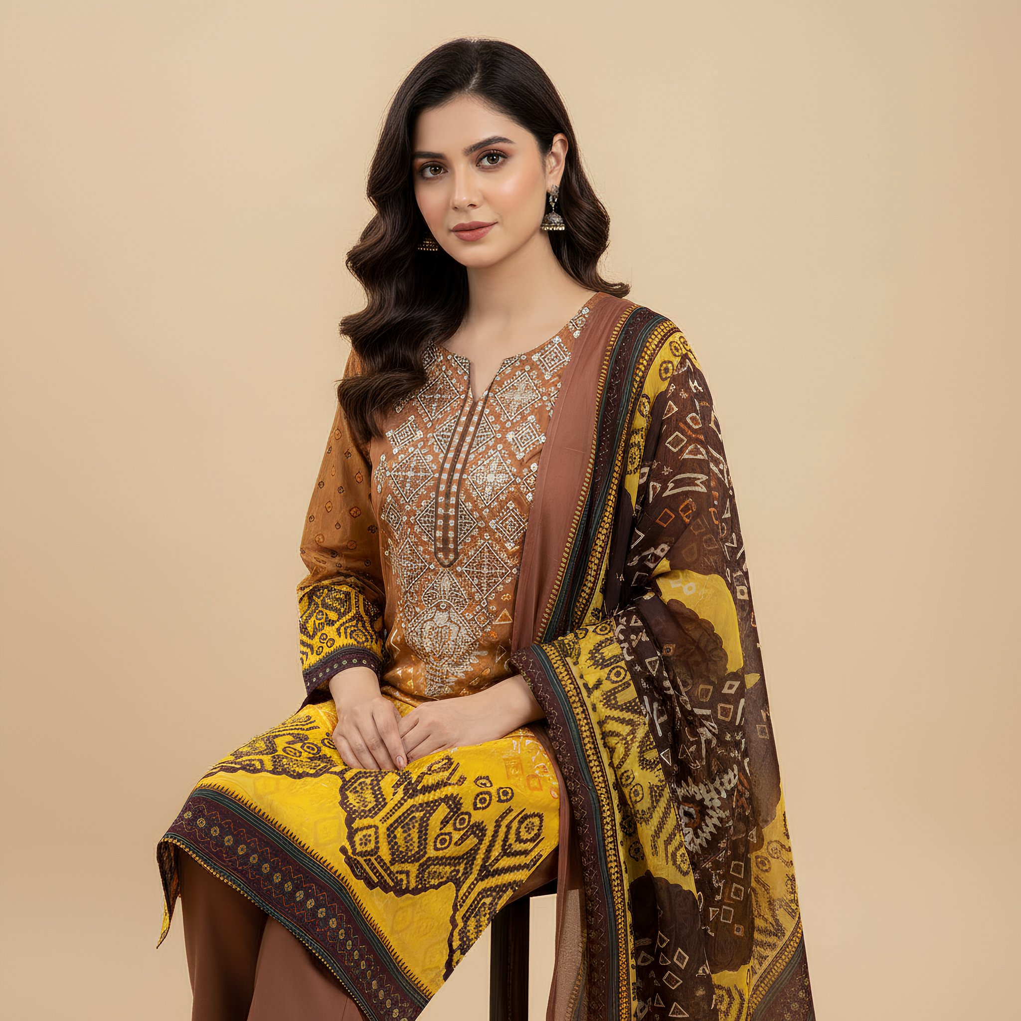 Mustard Yellow & Coffee Brown Printed Cotton Suit Set  MO 1.1