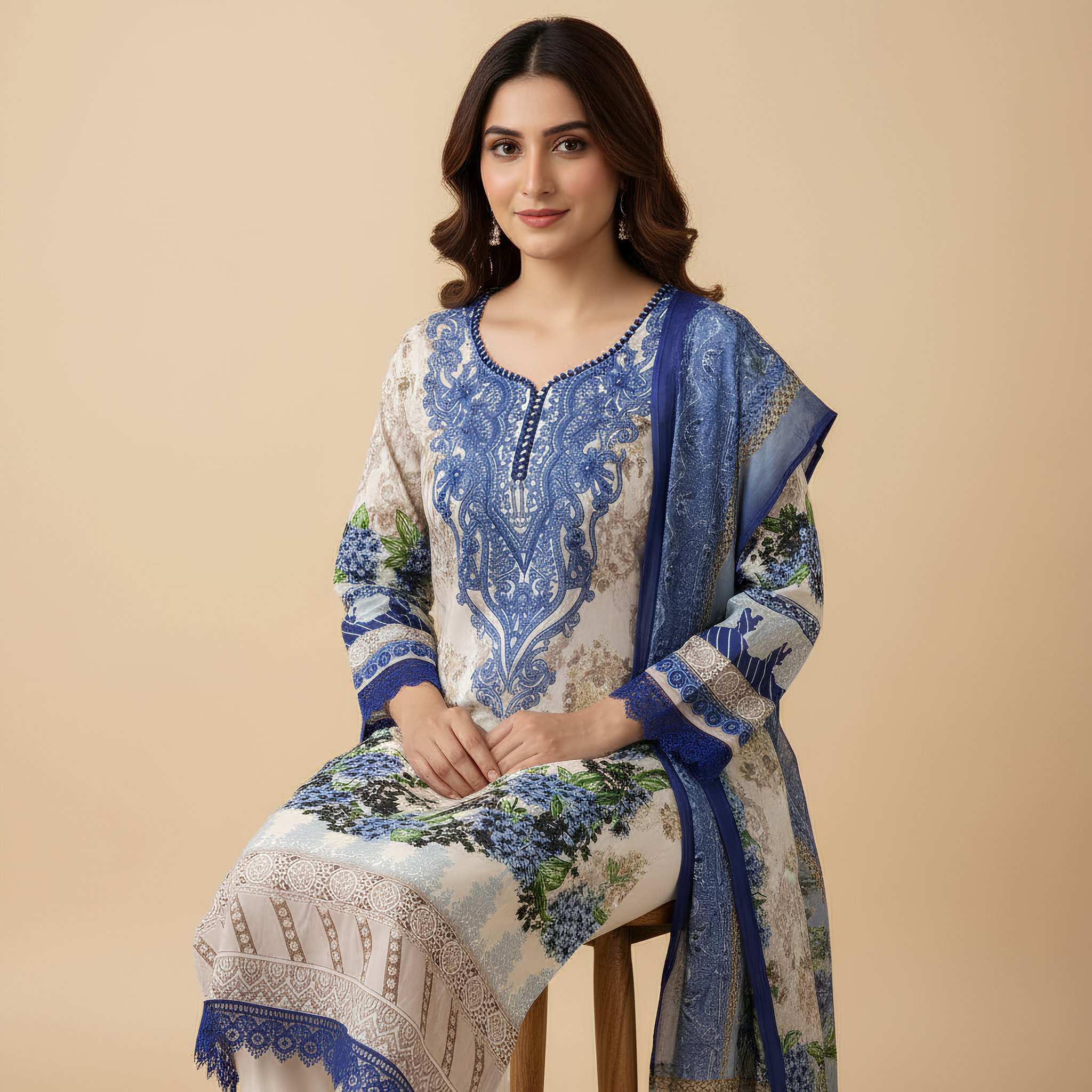 Ivory & Royal Blue Floral Printed Cotton Blend Suit Set with Designer Dupatta mo11.6