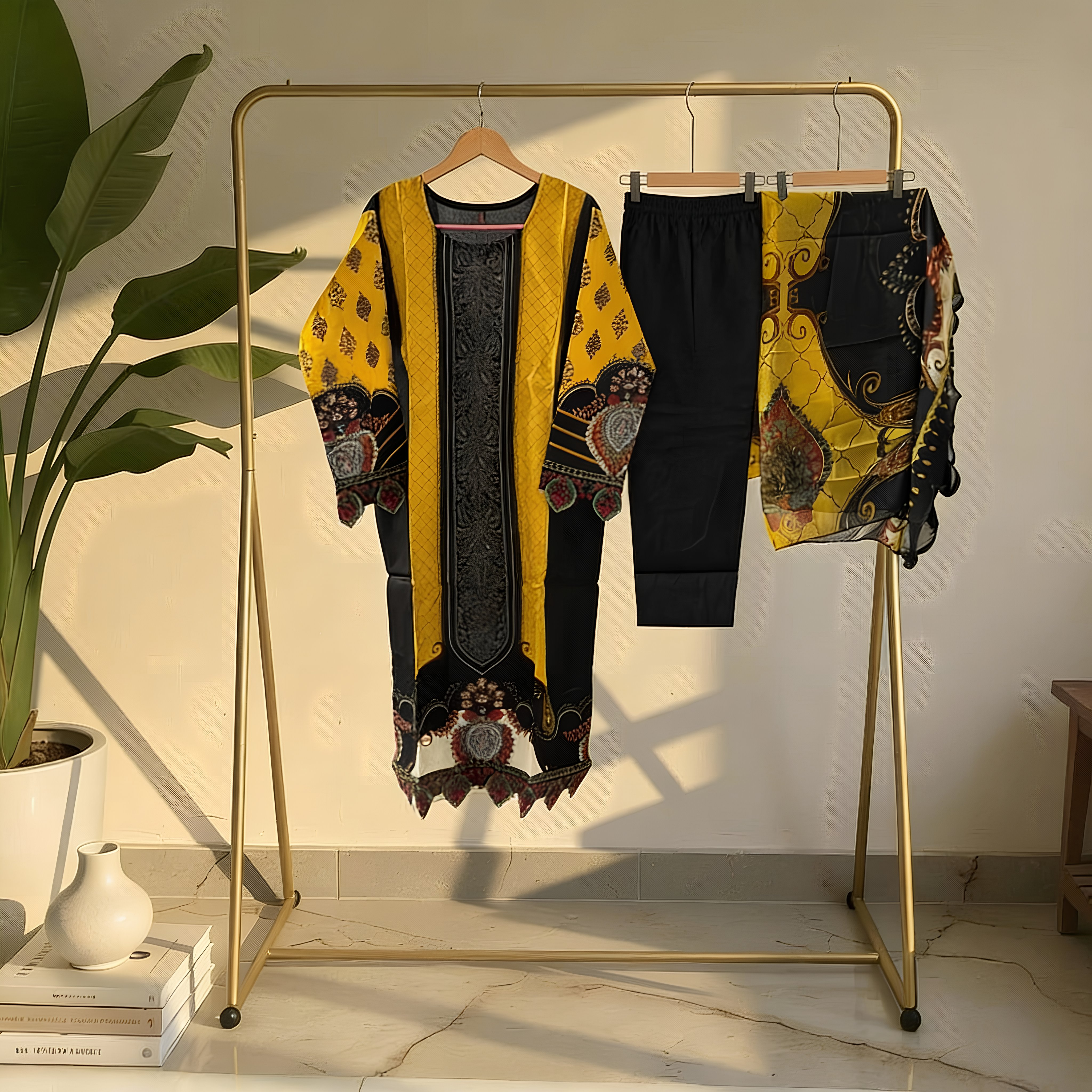 Black & Mustard Ethnic Printed Cotton Blend Suit Set with Designer Dupatta  mo3.4