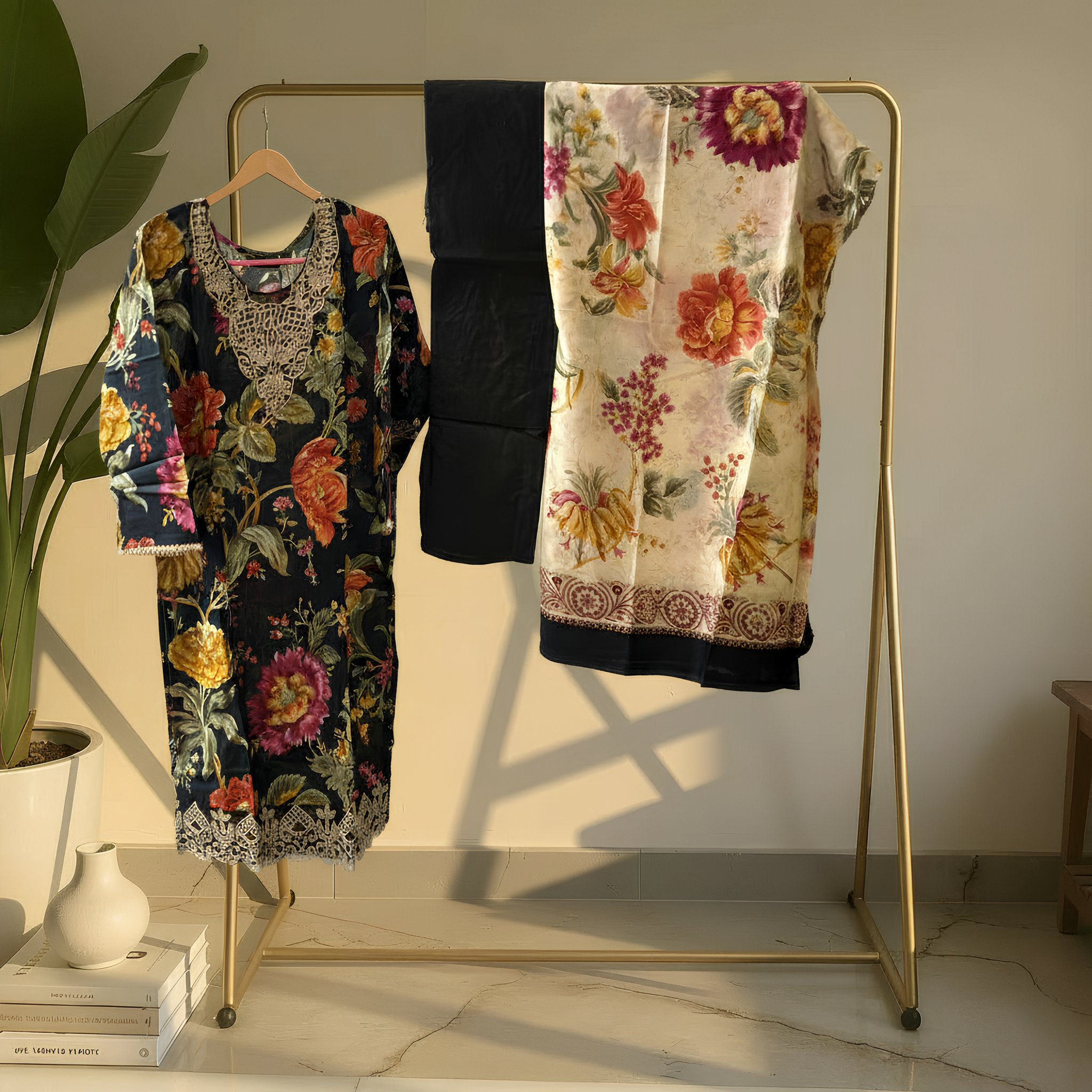 Black Floral Printed Cotton Blend Suit Set with Elegant Dupatta  mo8.4