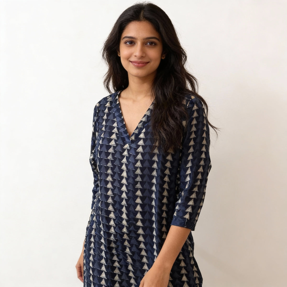 Navy Blue Geometric Triangle Print Straight Kurta HO2 XL13