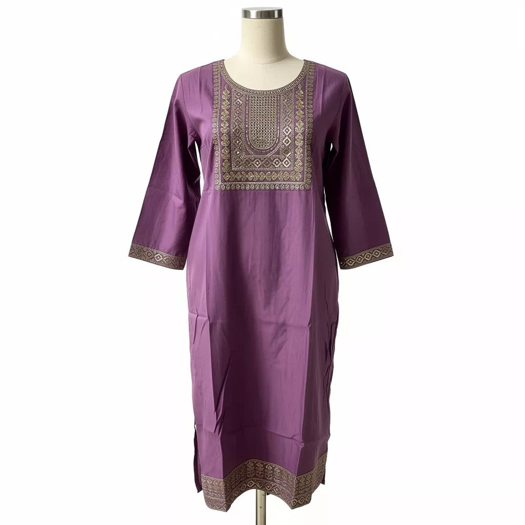 Plum Purple Embroidered Straight Cotton Kurta HO2 XL1