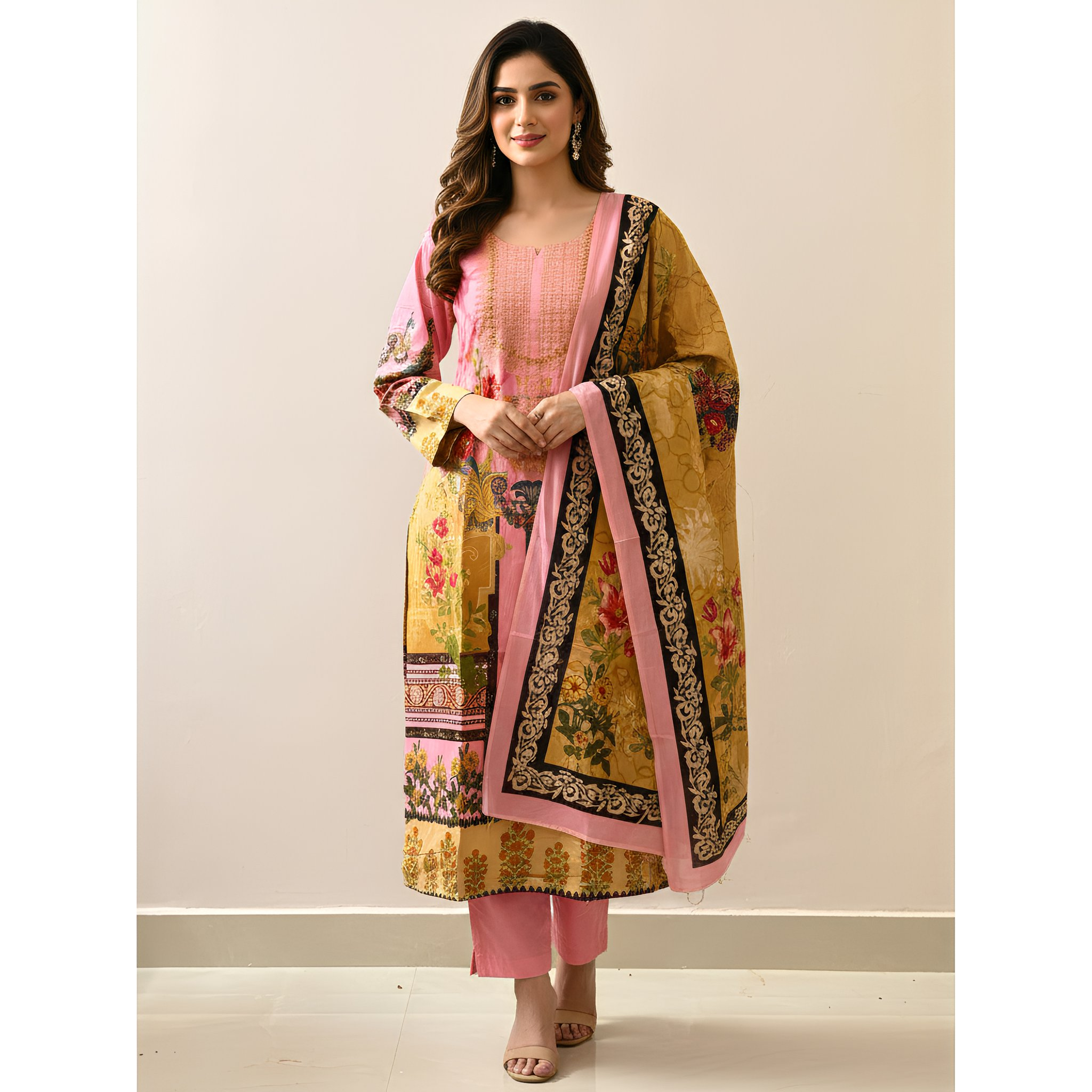 Blush Pink & Mustard Floral Printed Suit Set with Coordinated Dupatta MO5.3