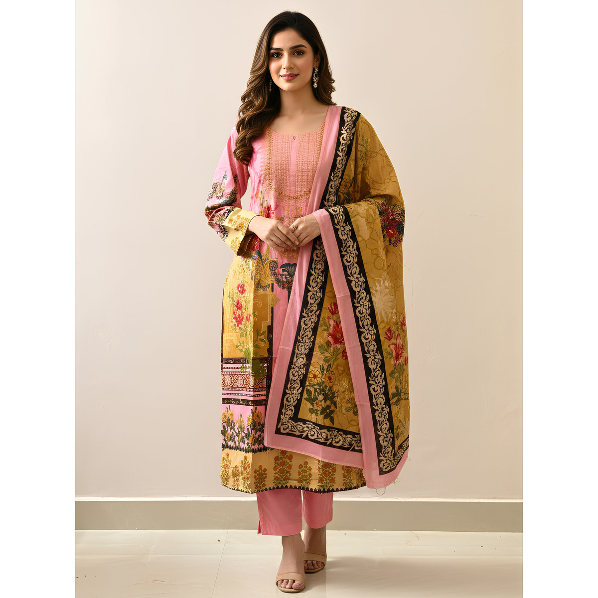Blush Pink & Mustard Floral Printed Suit Set with Coordinated Dupatta MO5.3