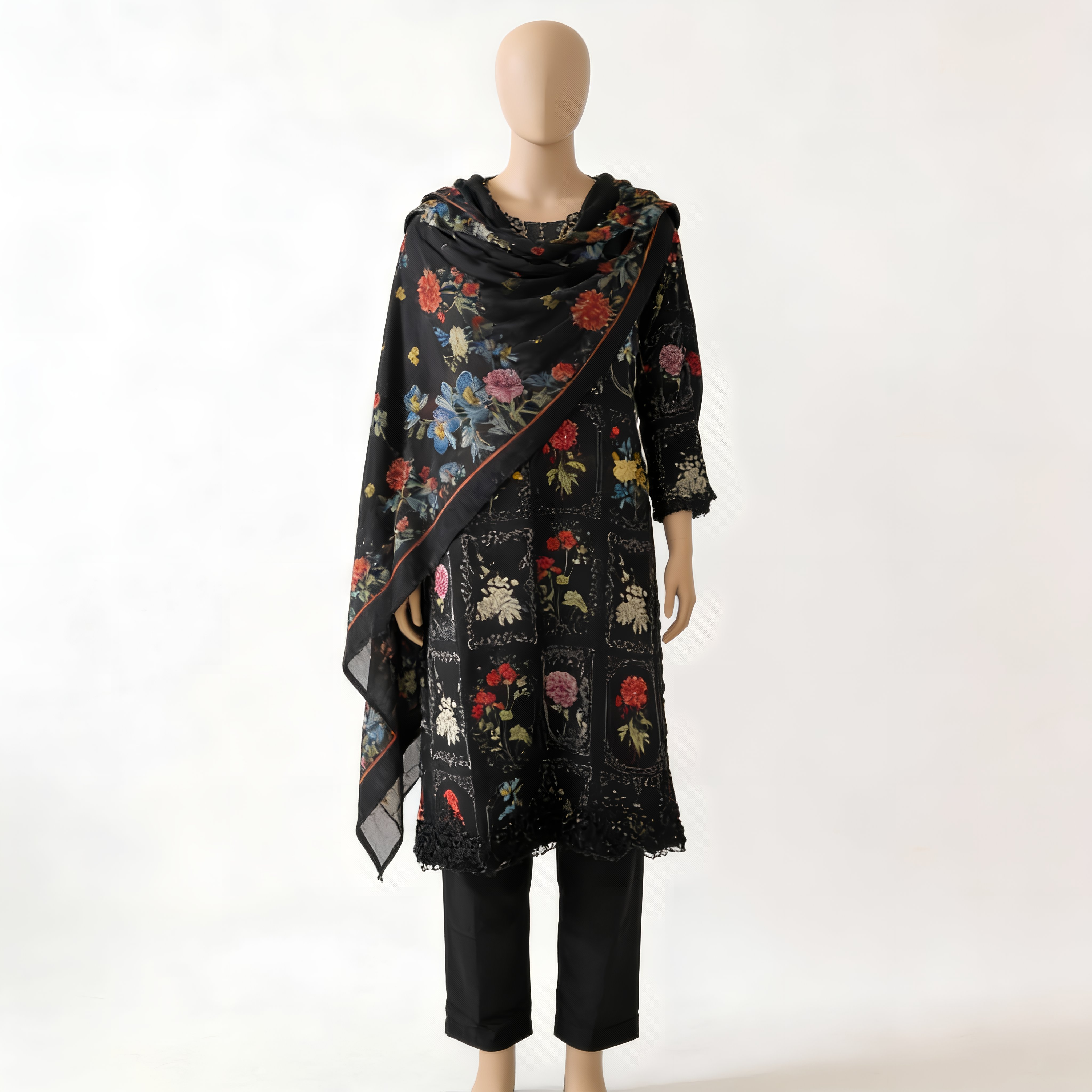 Black Floral Printed Cotton Blend Suit Set with Sheer Designer Dupatta mo8.10