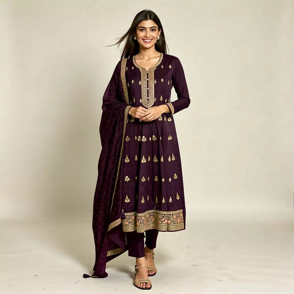 Wine Purple Embroidered Suit Set Ho 12