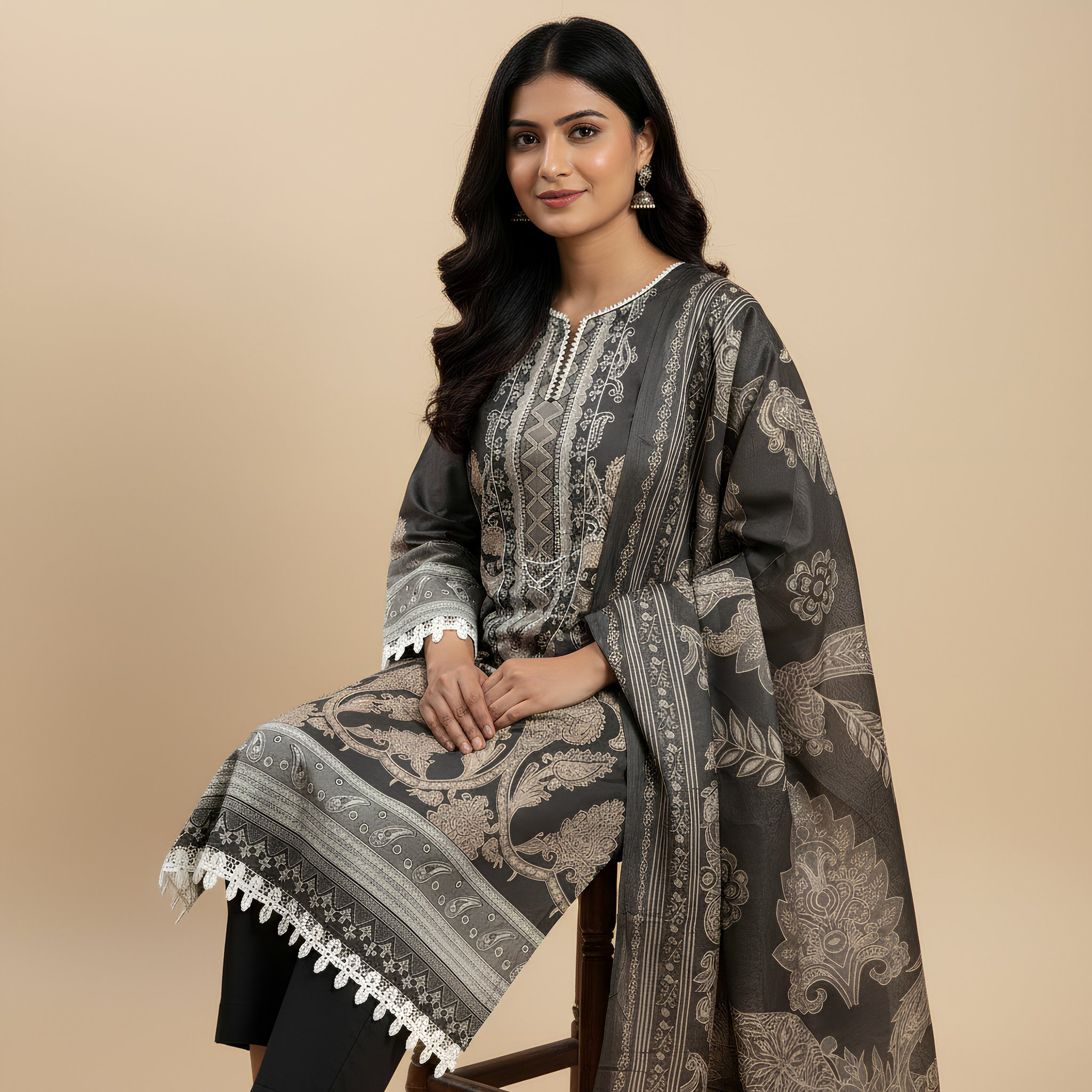 Charcoal Grey Printed Cotton Suit Set  MO13.3
