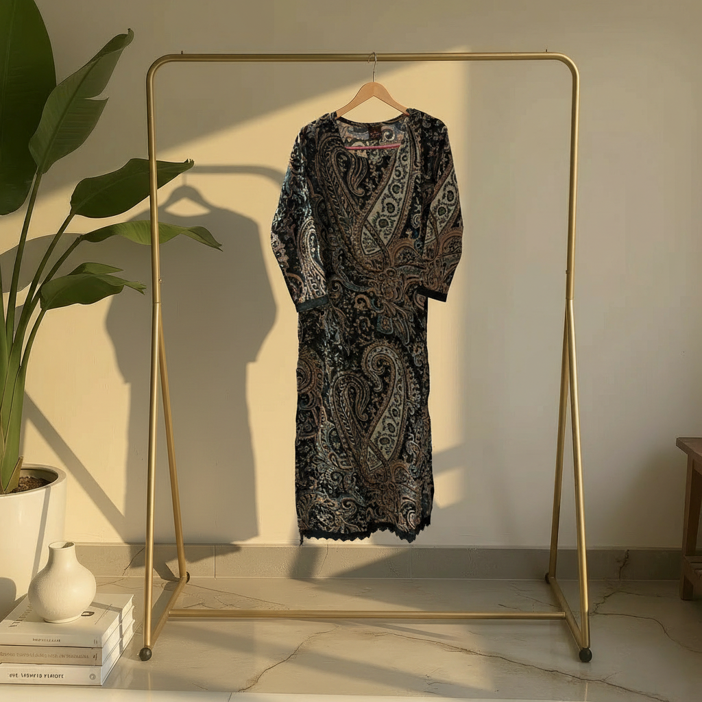 Black & Brown Paisley Print Cotton Kurta HO2 L8