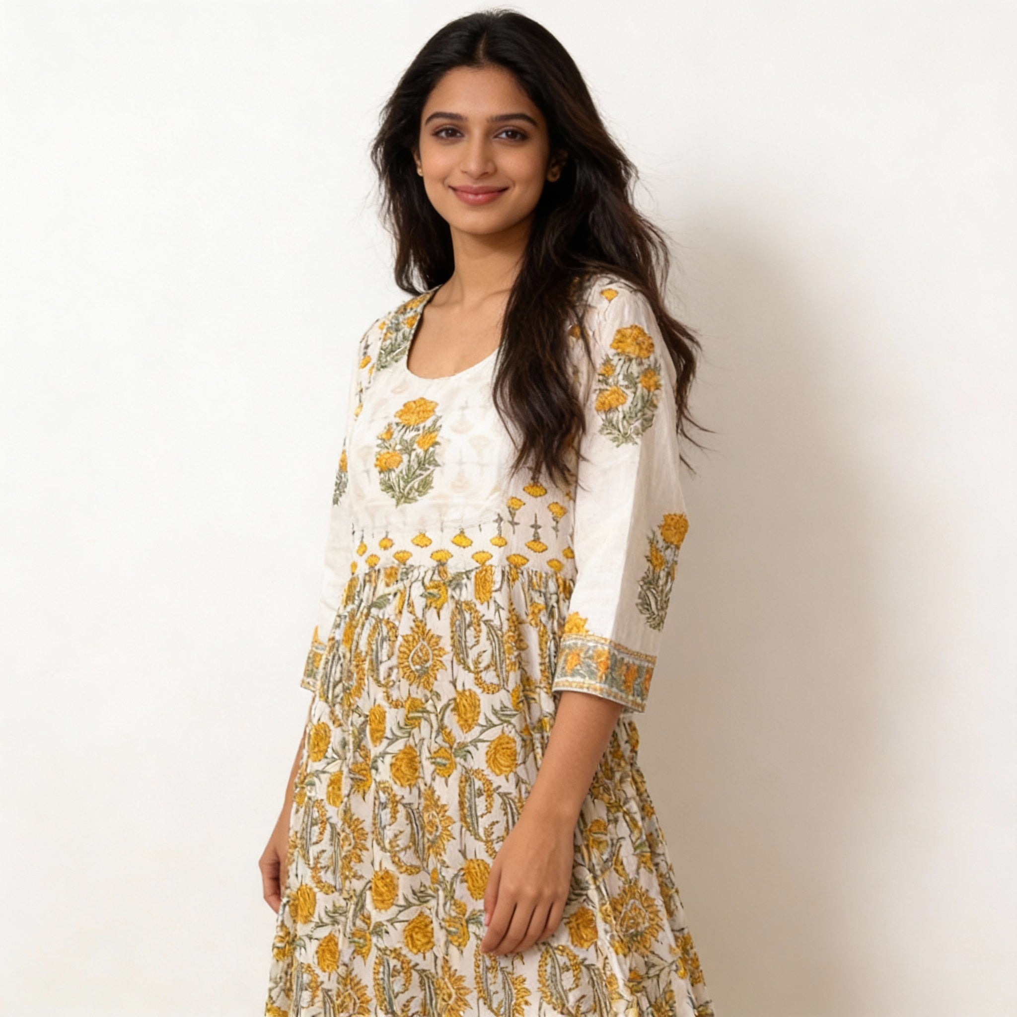 Ivory & Mustard Floral Printed Gathered Kurta HO2 XL14