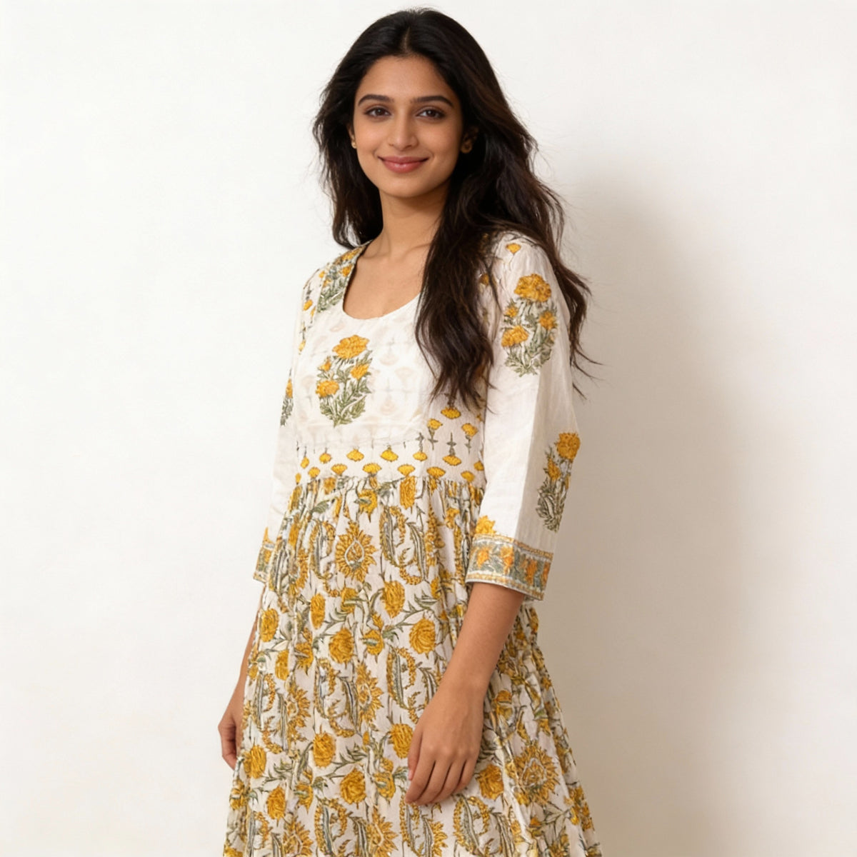 Ivory & Mustard Floral Printed Gathered Kurta HO2 XL14