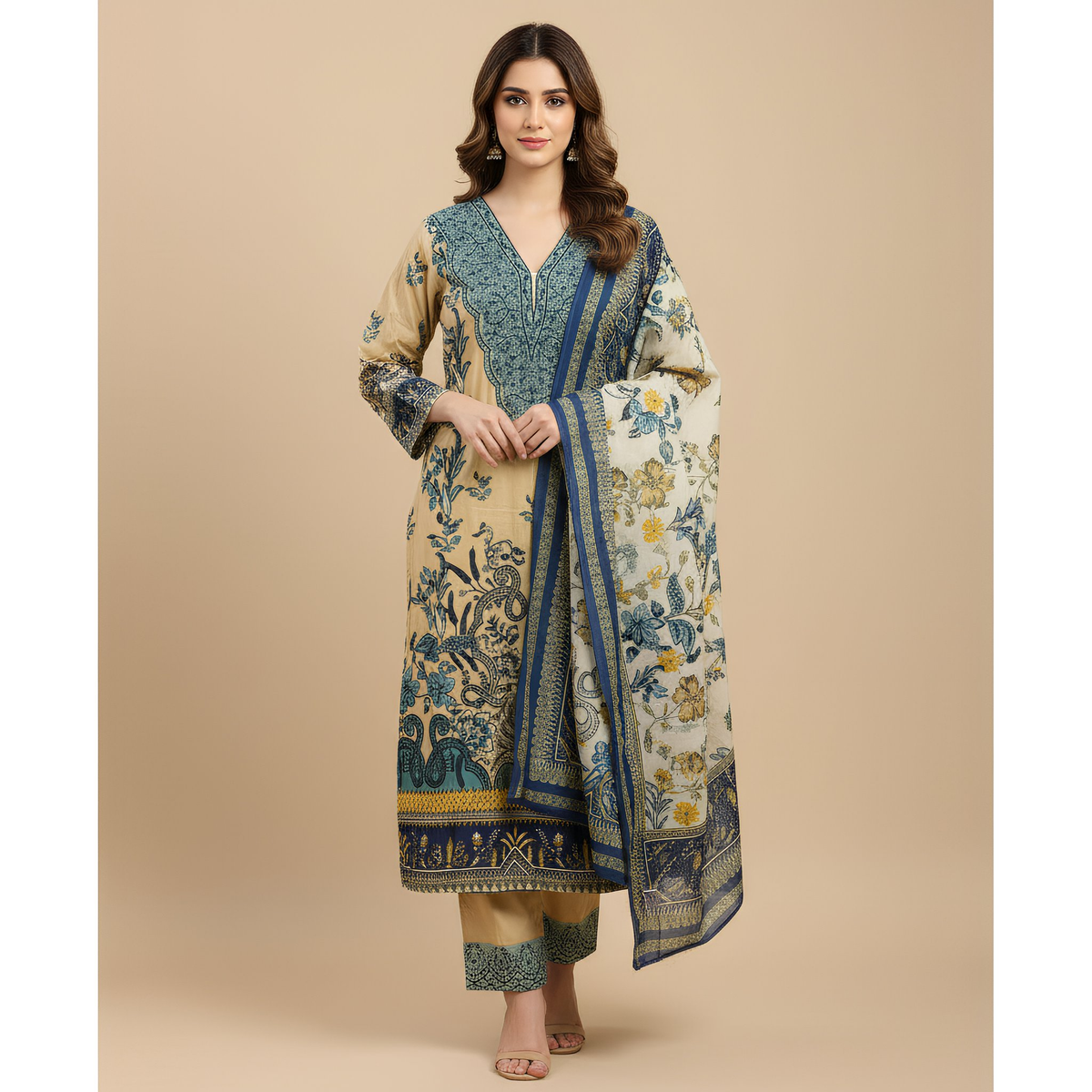 Mustard Yellow & Teal Floral Printed Suit Set with Coordinated Dupatta MO6.1