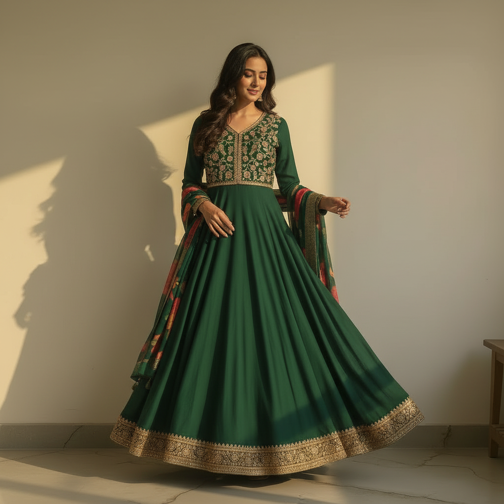 Green Floral Print Anarkali Suit with Dupatta Ho 17 - GREEN