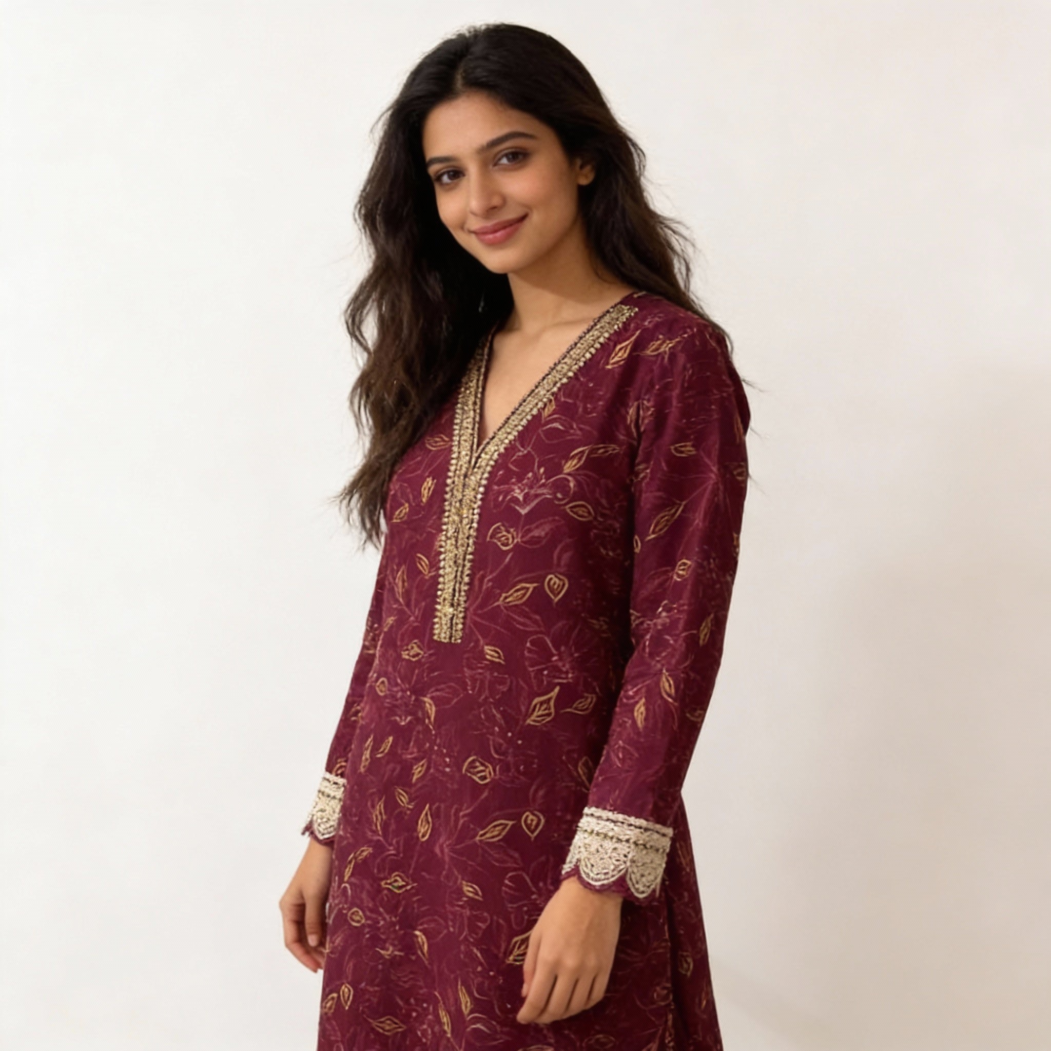 Wine Maroon Embroidered Straight Cotton Kurta HO2 XL2