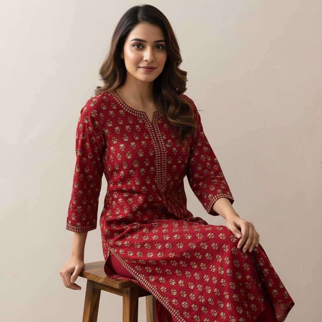 Red Ethnic Motif Printed Straight Kurta HO2 XL17