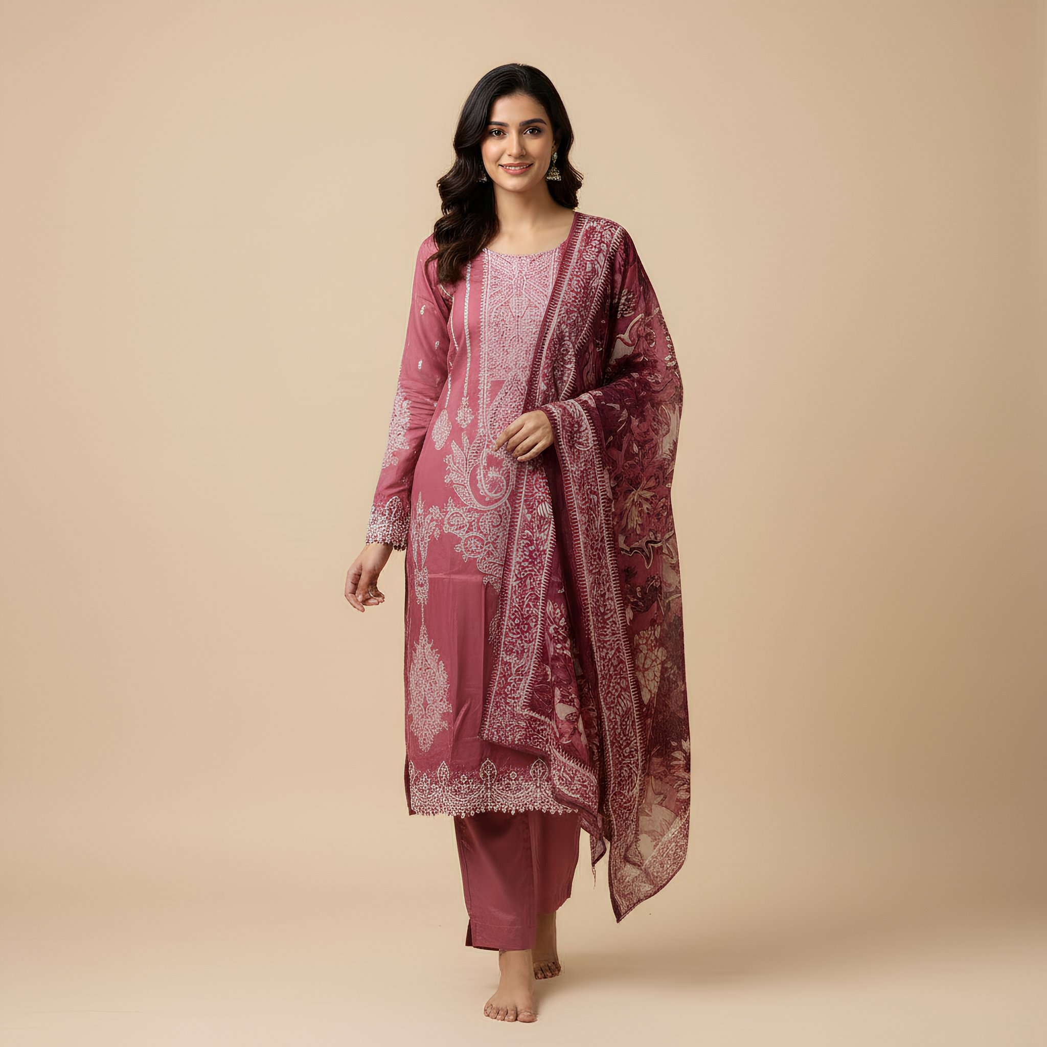 Deep Maroon Ethnic Printed Cotton Blend Suit Set with Soft Dupatta  mo3.2